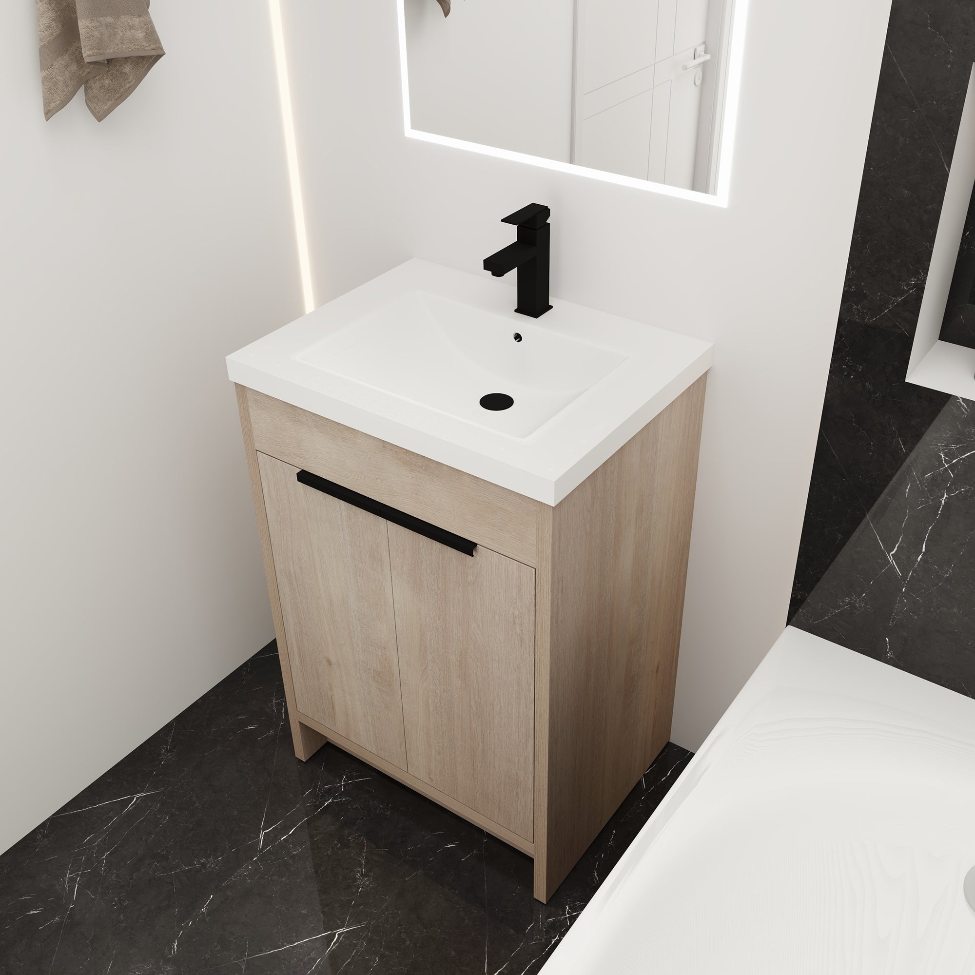 24 Inch Plywood Freestanding Bathroom Vanity With White Resin Sink and Doors and shelf
