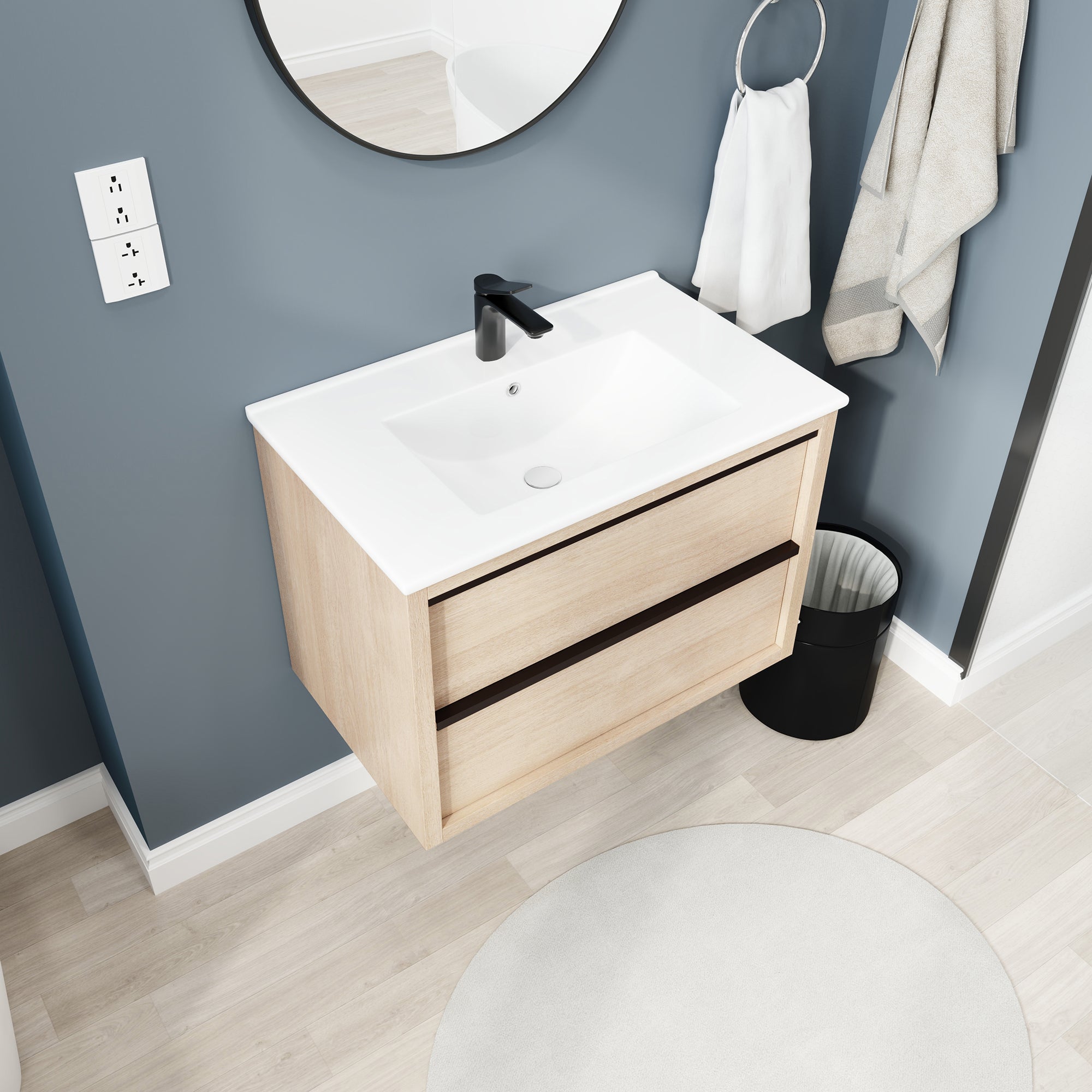 24 Inch Plywood Freestanding Bathroom Vanity With White Resin Sink and Doors and shelf
