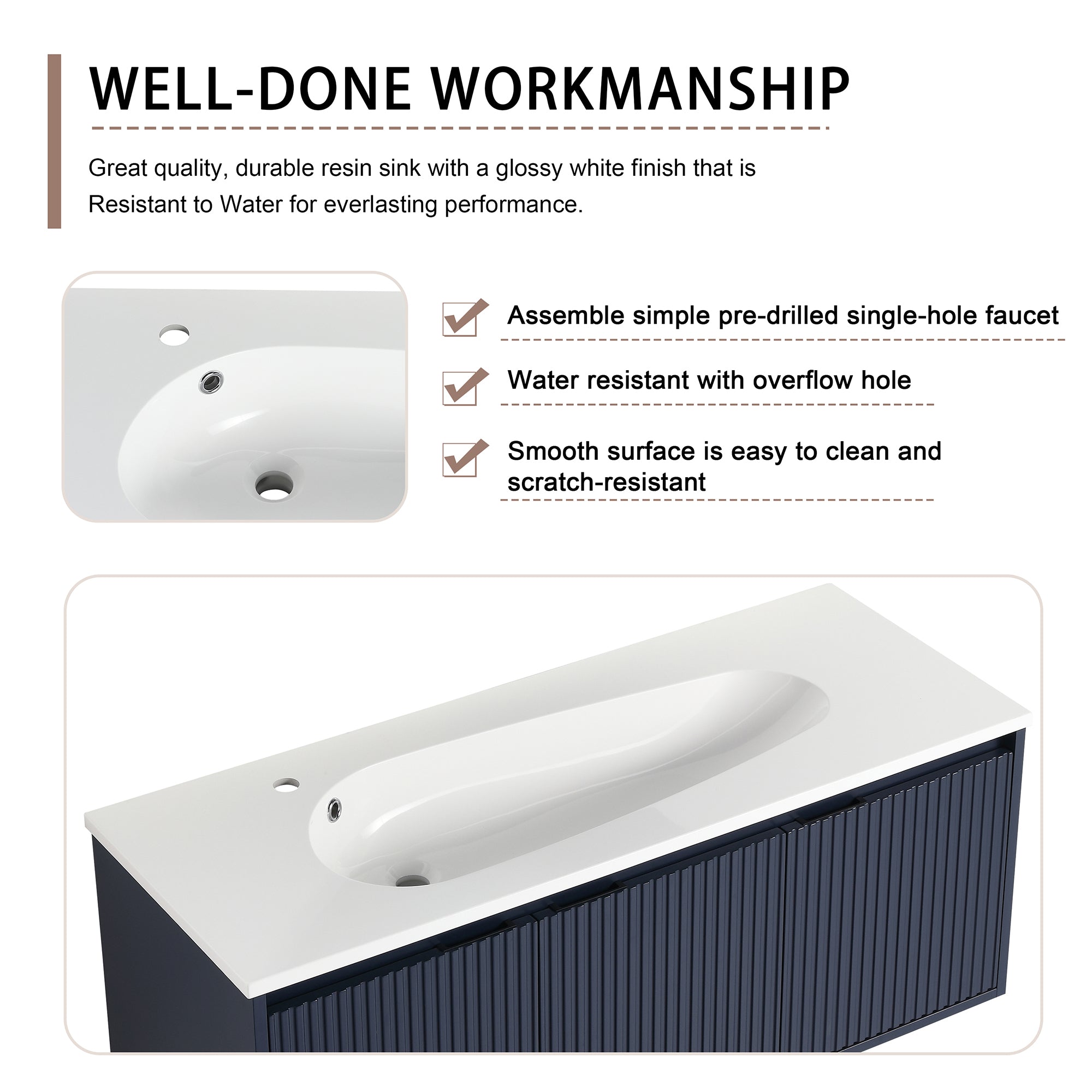 36 Inch Plywood Wall Mounted Bathroom Vanity Set with Integrated Drop-Shaped Resin Sink