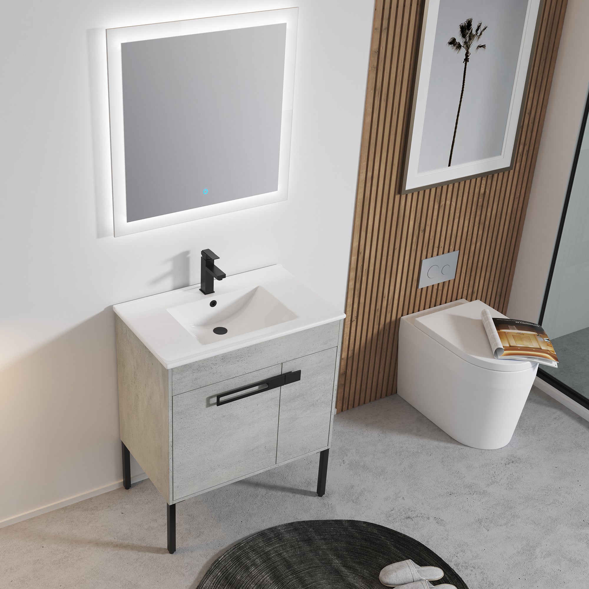 36 Inch Plywood Wall-Mounted Bathroom Vanity Set in White Oak with Integrated Resin Sink
