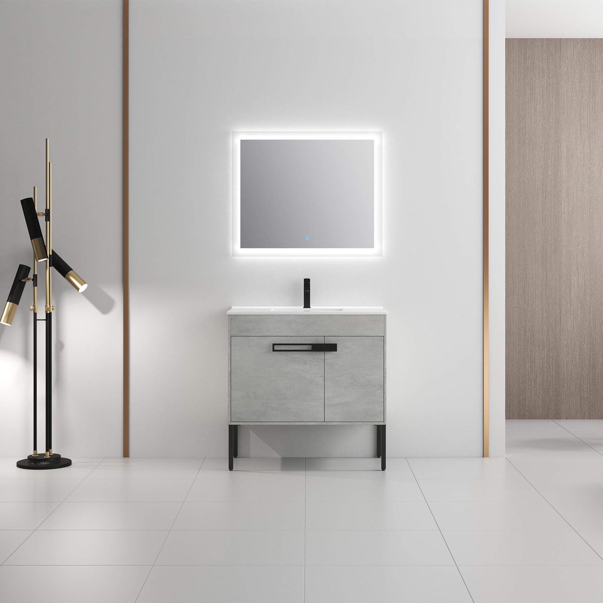 36 Inch Plywood Wall-Mounted Bathroom Vanity Set in White Oak with Integrated Resin Sink