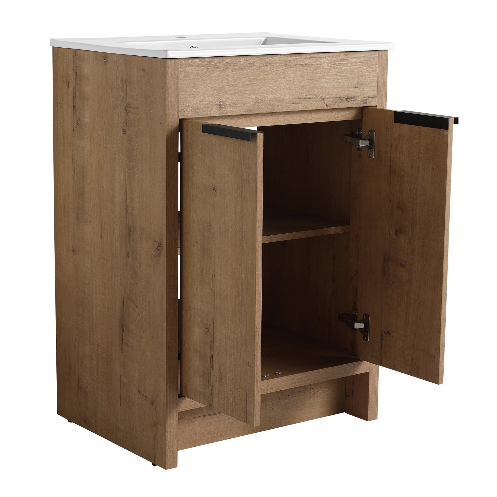 24 Inch Plywood Freestanding Bathroom Vanity Set with Integrated Ceramic Basin and Door
