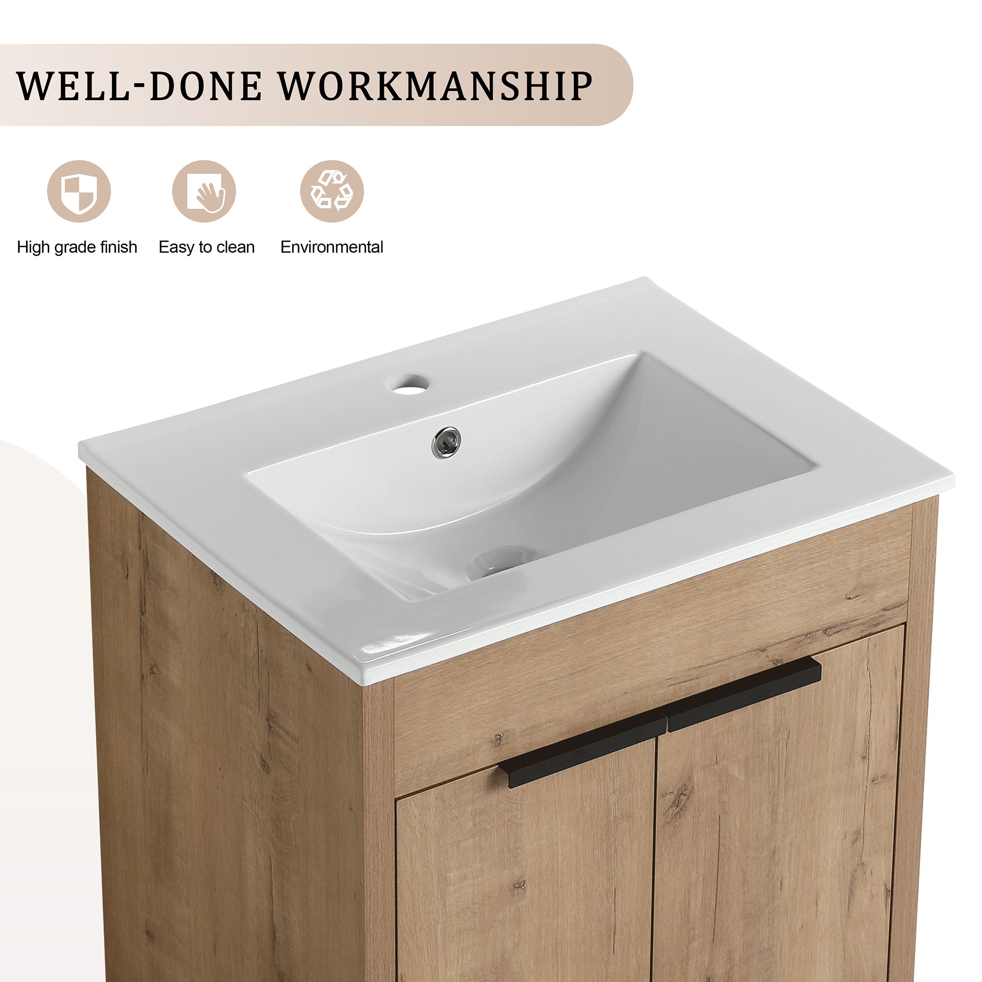 24 Inch Plywood Freestanding Bathroom Vanity Set with Integrated Ceramic Basin and Door