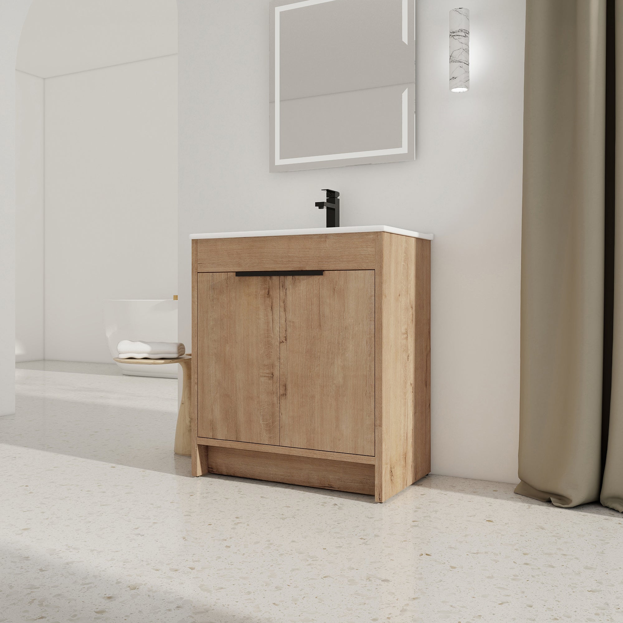 30 Inch Plywood Freestanding Bathroom Vanity Set with Integrated Ceramic Basin and Door