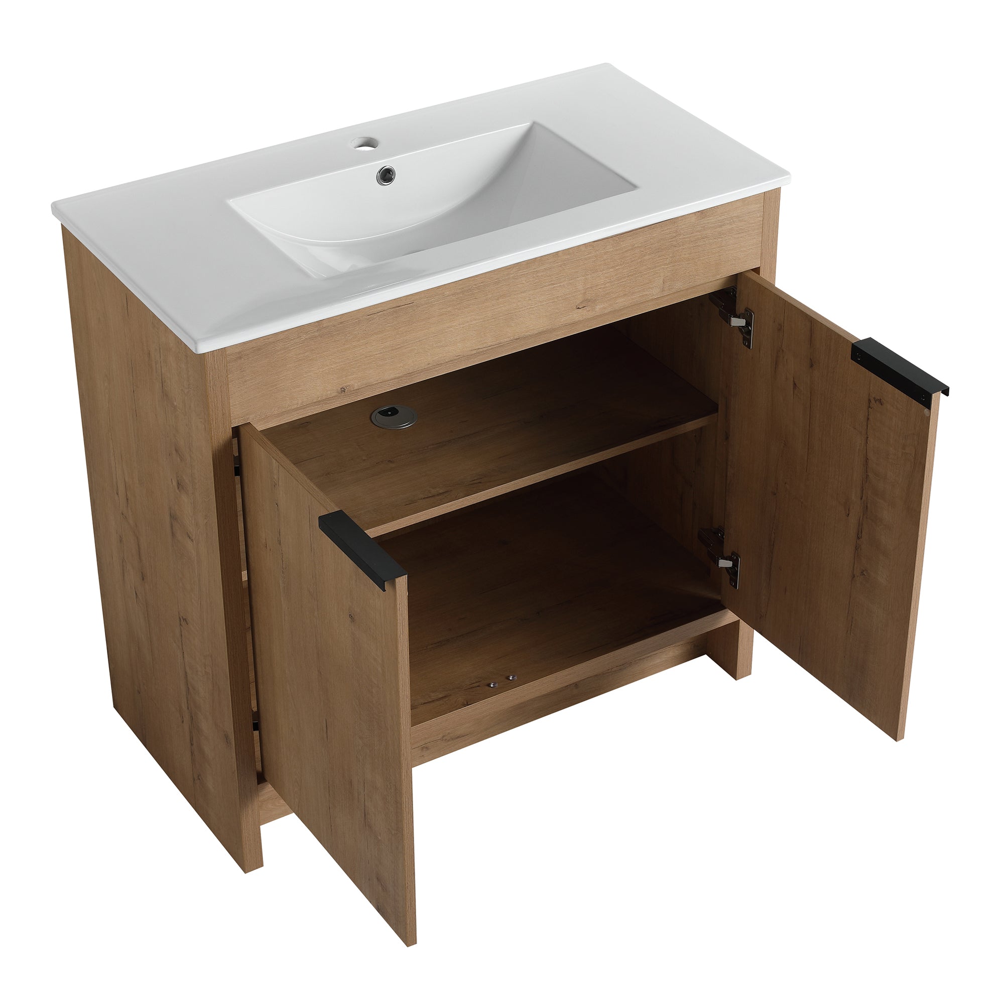 36 Inch Plywood Freestanding Bathroom Vanity Set with Integrated Ceramic Basin and Door