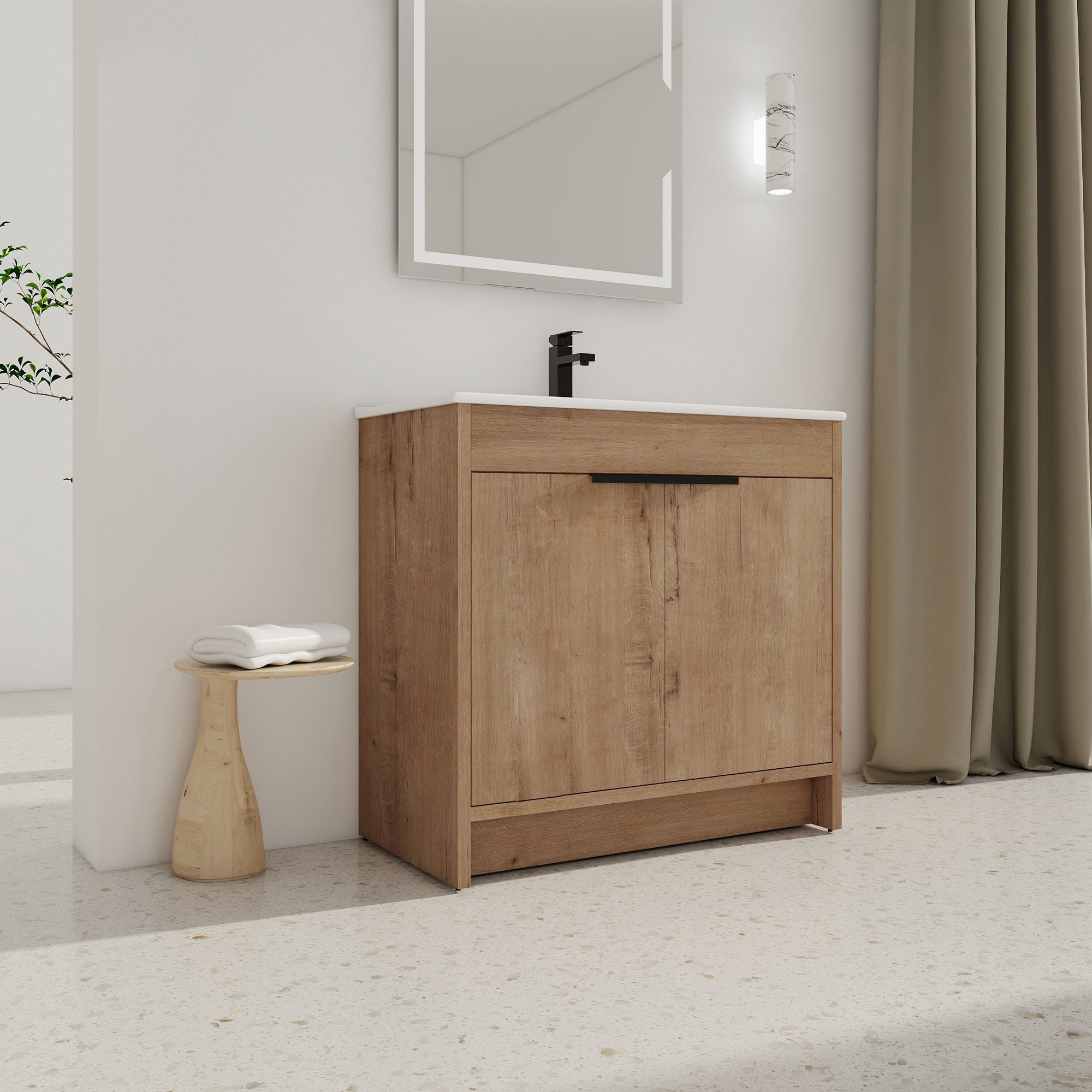 36 Inch Plywood Freestanding Bathroom Vanity Set with Integrated Ceramic Basin and Door