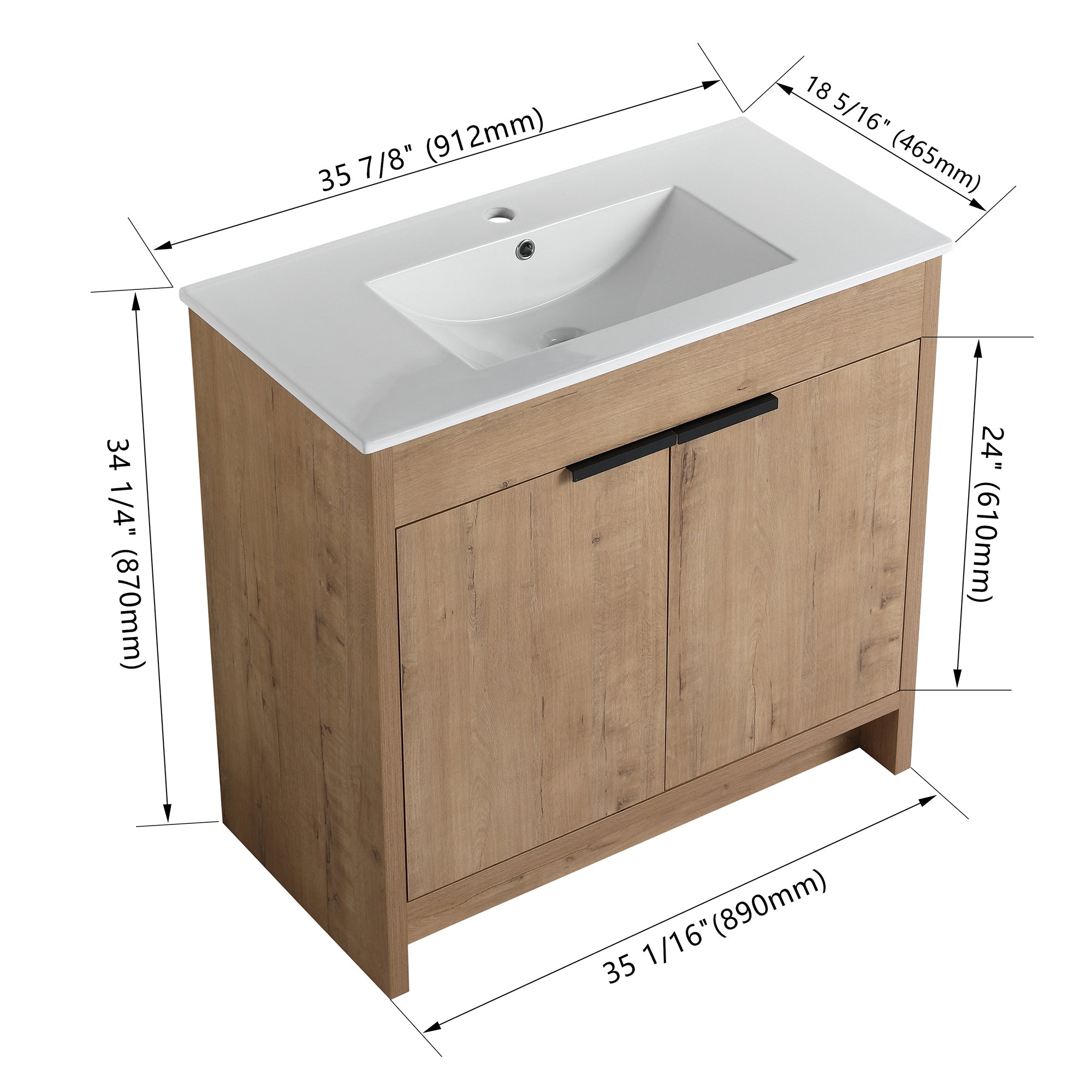 36 Inch Plywood Freestanding Bathroom Vanity Set with Integrated Ceramic Basin and Door