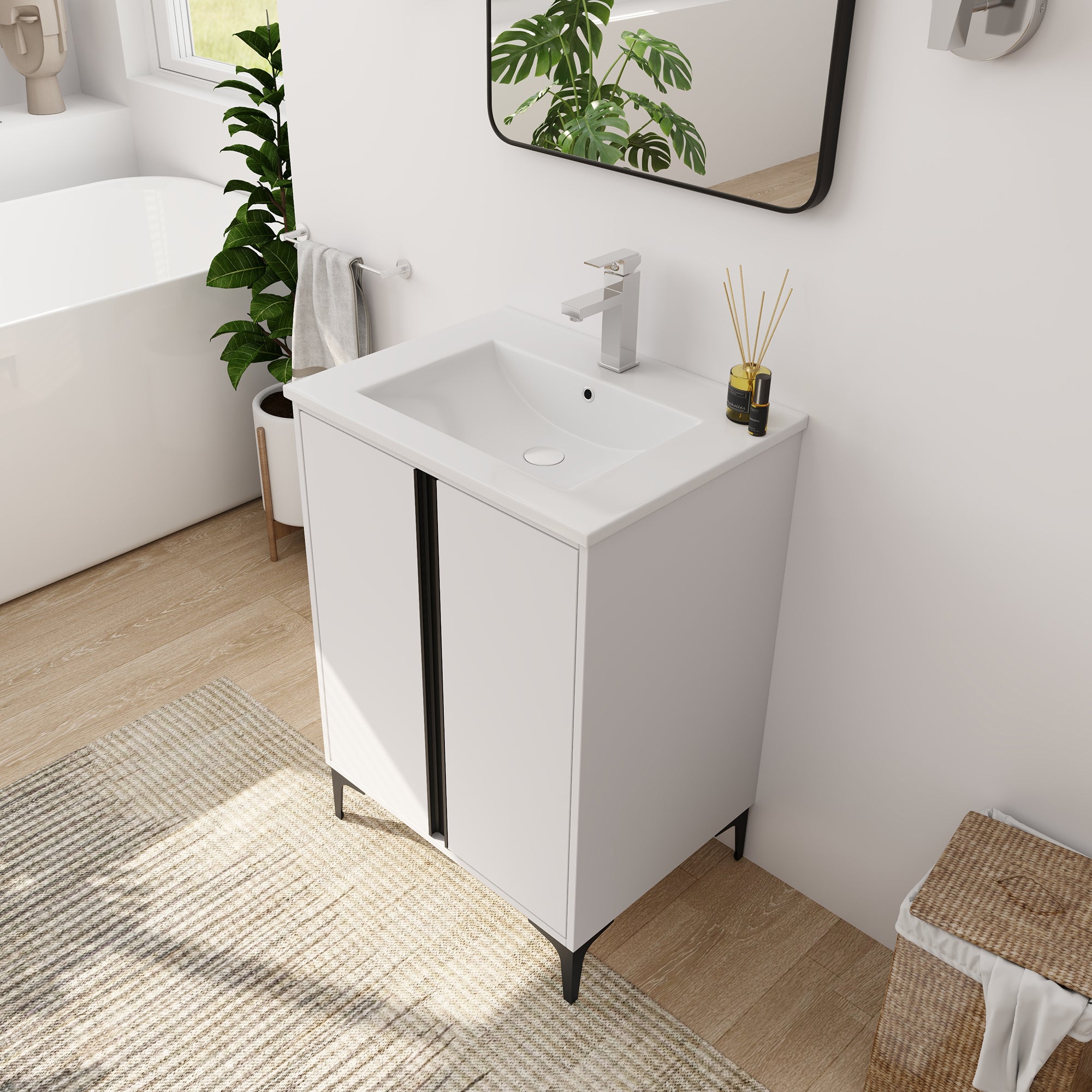 24/30 inch Freestanding Bathroom Vanity Set in White with Integrated Ceramic Sink