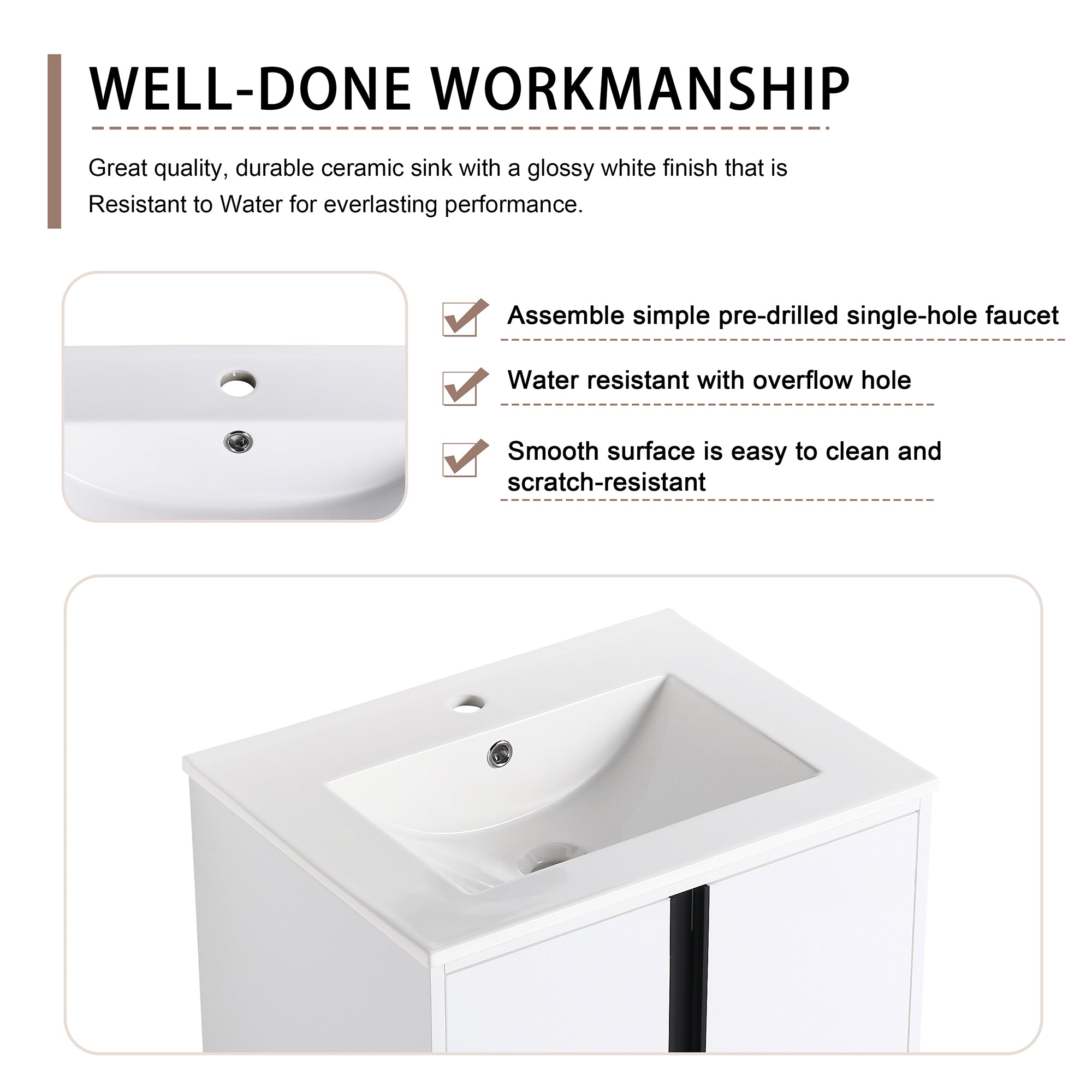 24/30 inch Freestanding Bathroom Vanity Set in White with Integrated Ceramic Sink