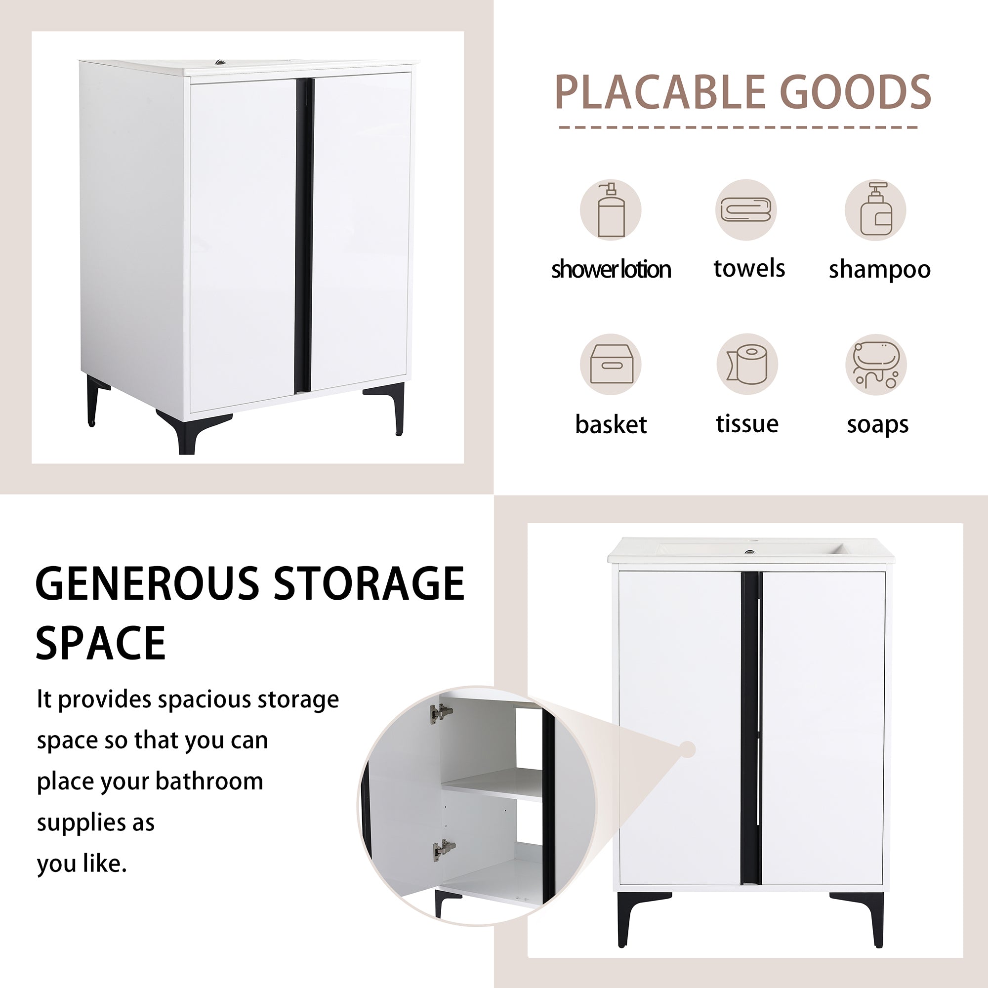24/30 inch Freestanding Bathroom Vanity Set in White with Integrated Ceramic Sink
