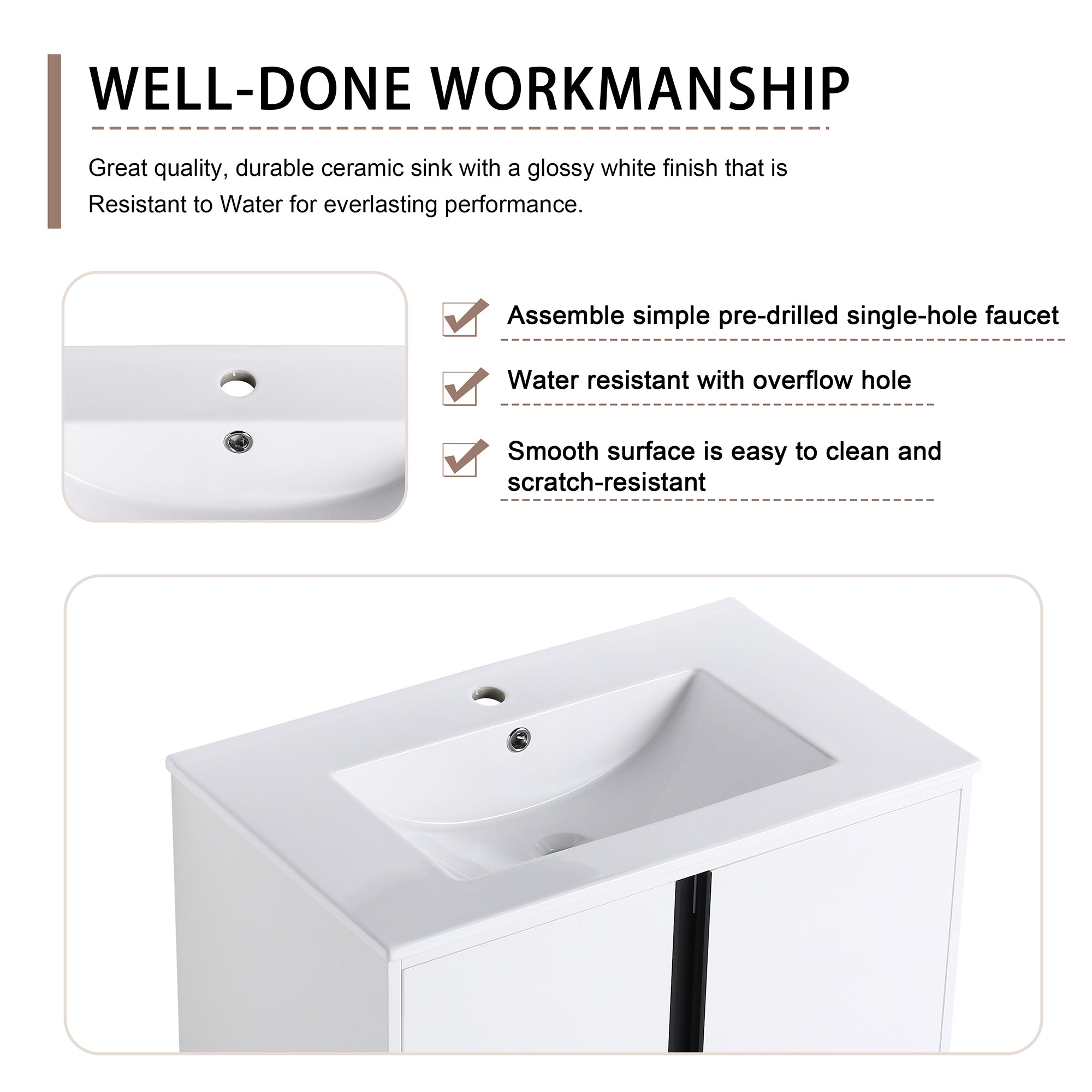 24/30 inch Freestanding Bathroom Vanity Set in White with Integrated Ceramic Sink