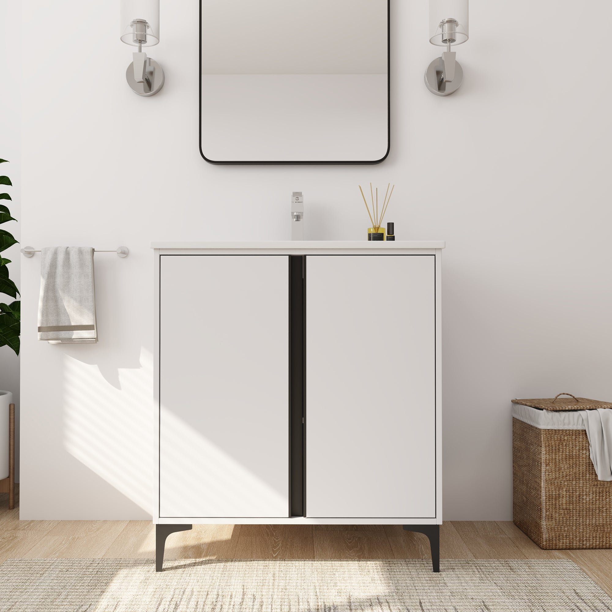 24/30 inch Freestanding Bathroom Vanity Set in White with Integrated Ceramic Sink