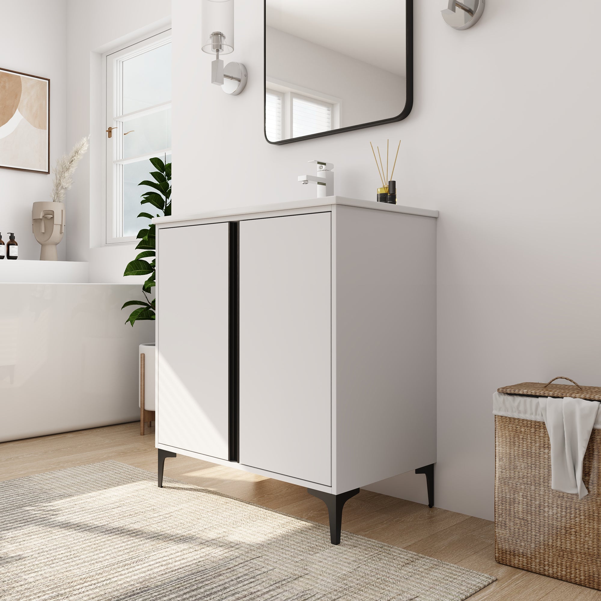 24/30 inch Freestanding Bathroom Vanity Set in White with Integrated Ceramic Sink