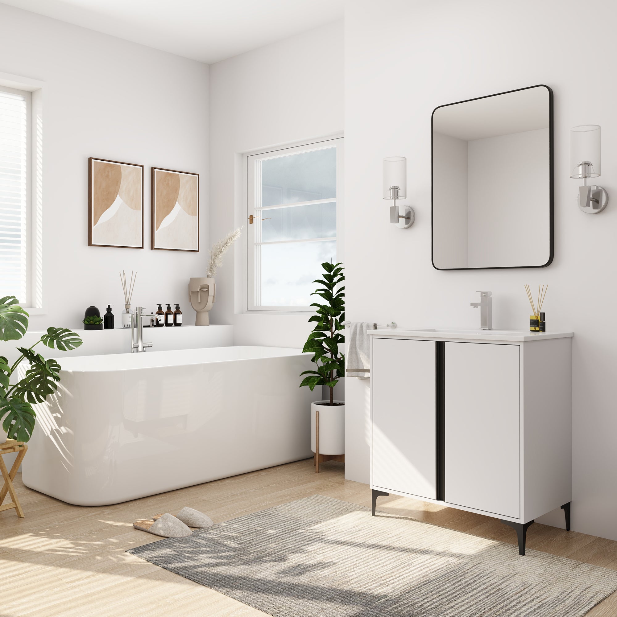 24/30 inch Freestanding Bathroom Vanity Set in White with Integrated Ceramic Sink