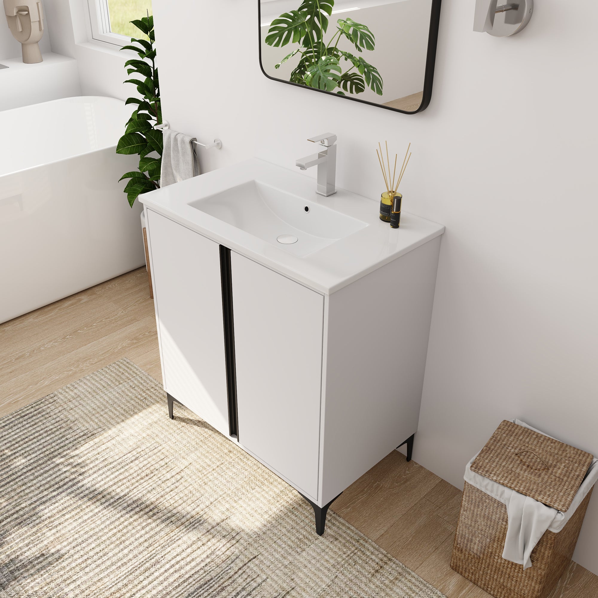 24/30 inch Freestanding Bathroom Vanity Set in White with Integrated Ceramic Sink