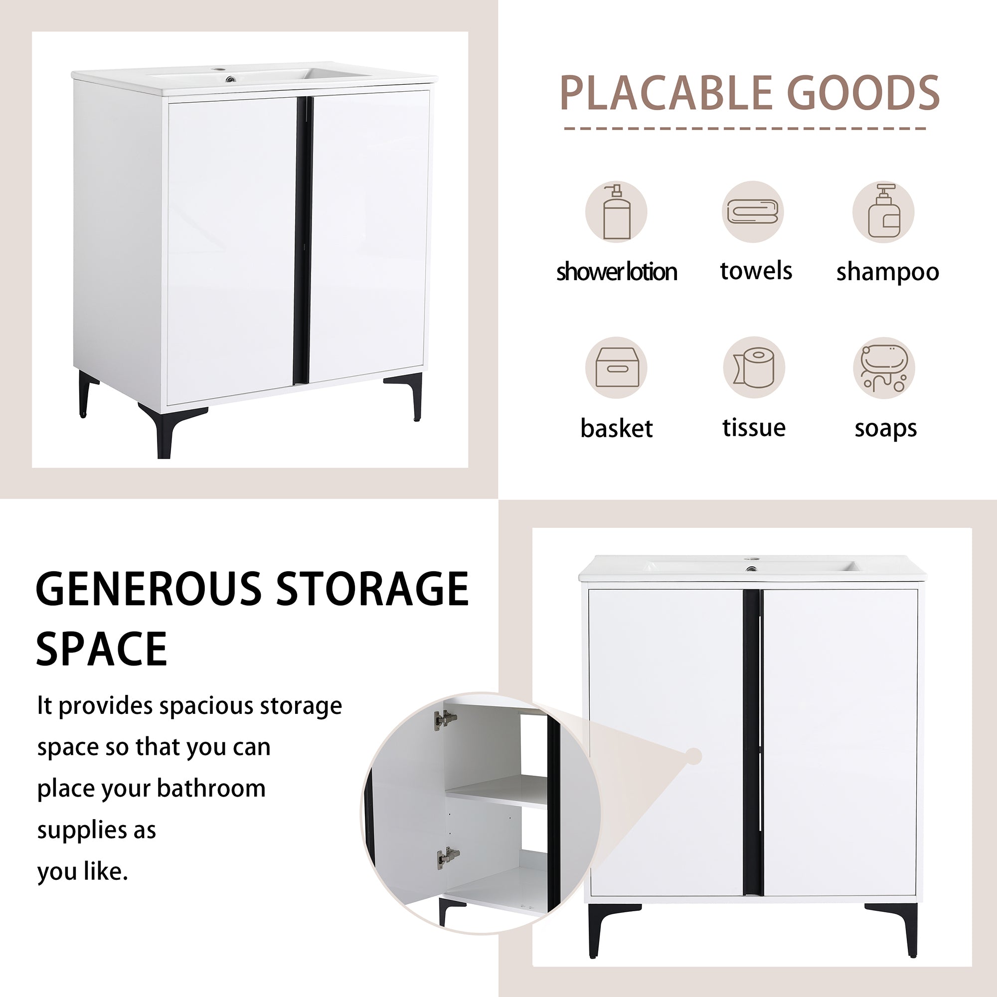 24/30 inch Freestanding Bathroom Vanity Set in White with Integrated Ceramic Sink