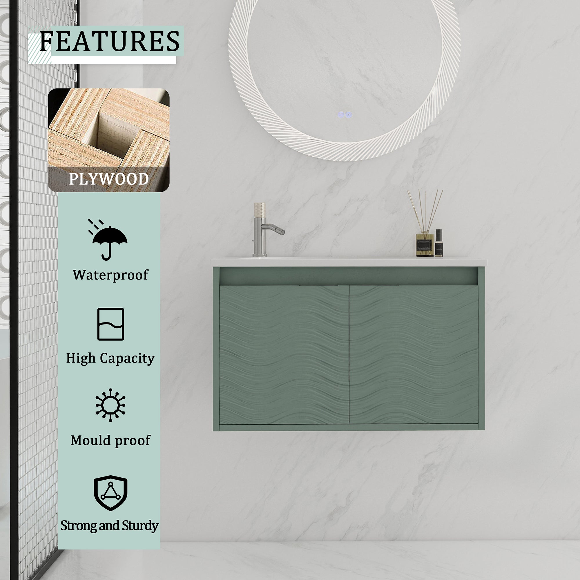 30 inch Wall-Mounted Bathroom Vanity Set in Green with Integrated Resin Sink