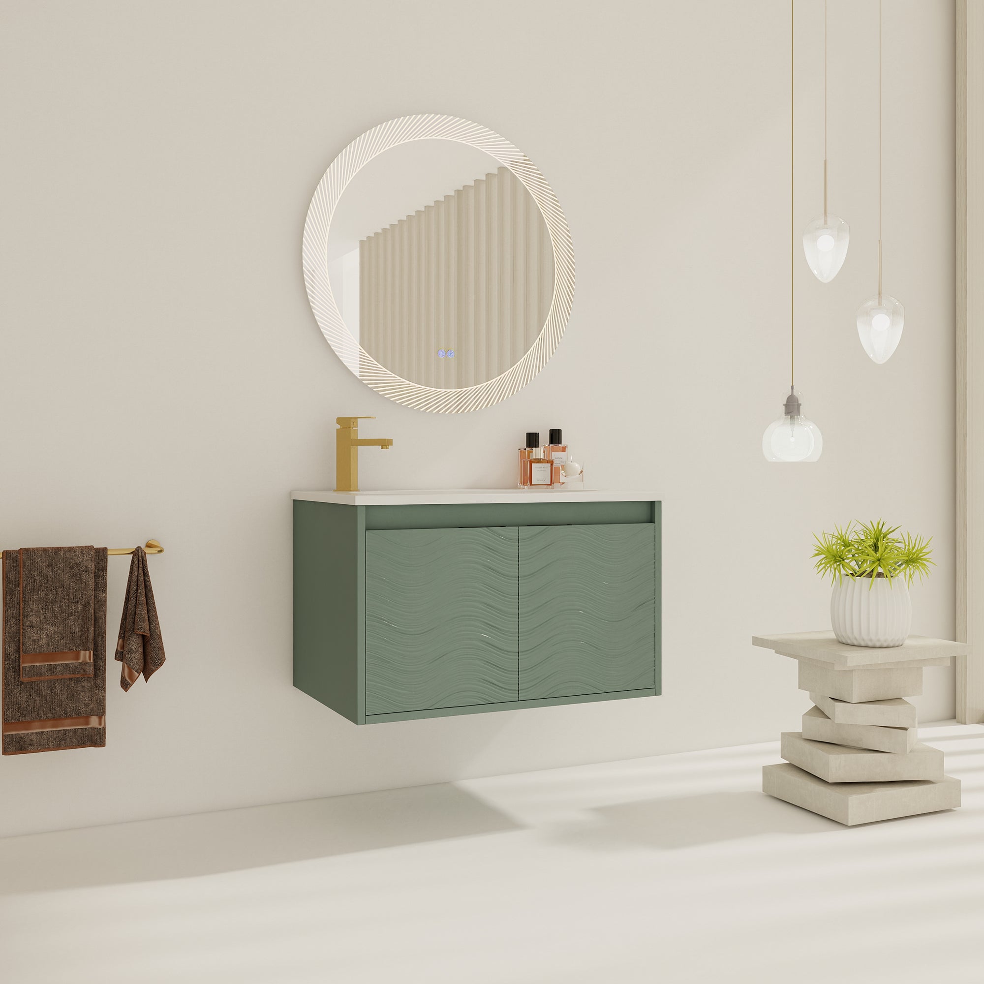 30 inch Wall-Mounted Bathroom Vanity Set in Green with Integrated Resin Sink
