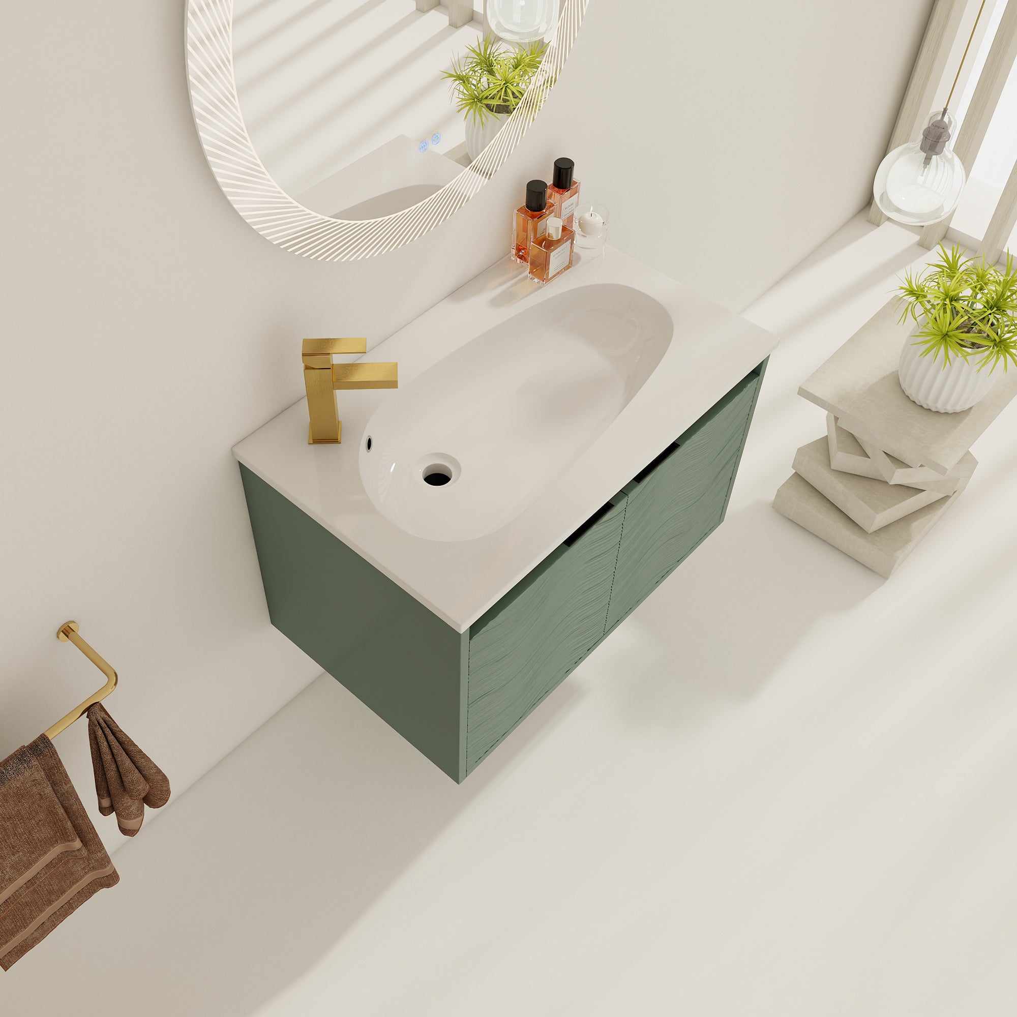 30 inch Wall-Mounted Bathroom Vanity Set in Green with Integrated Resin Sink