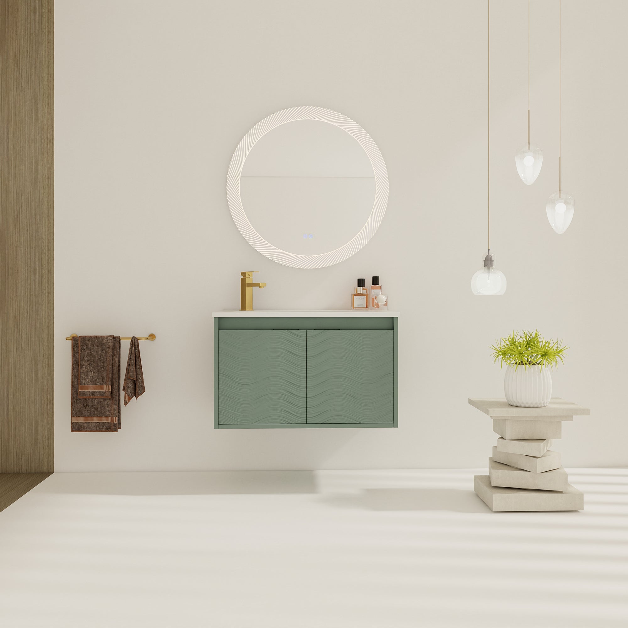 30 inch Wall-Mounted Bathroom Vanity Set in Green with Integrated Resin Sink
