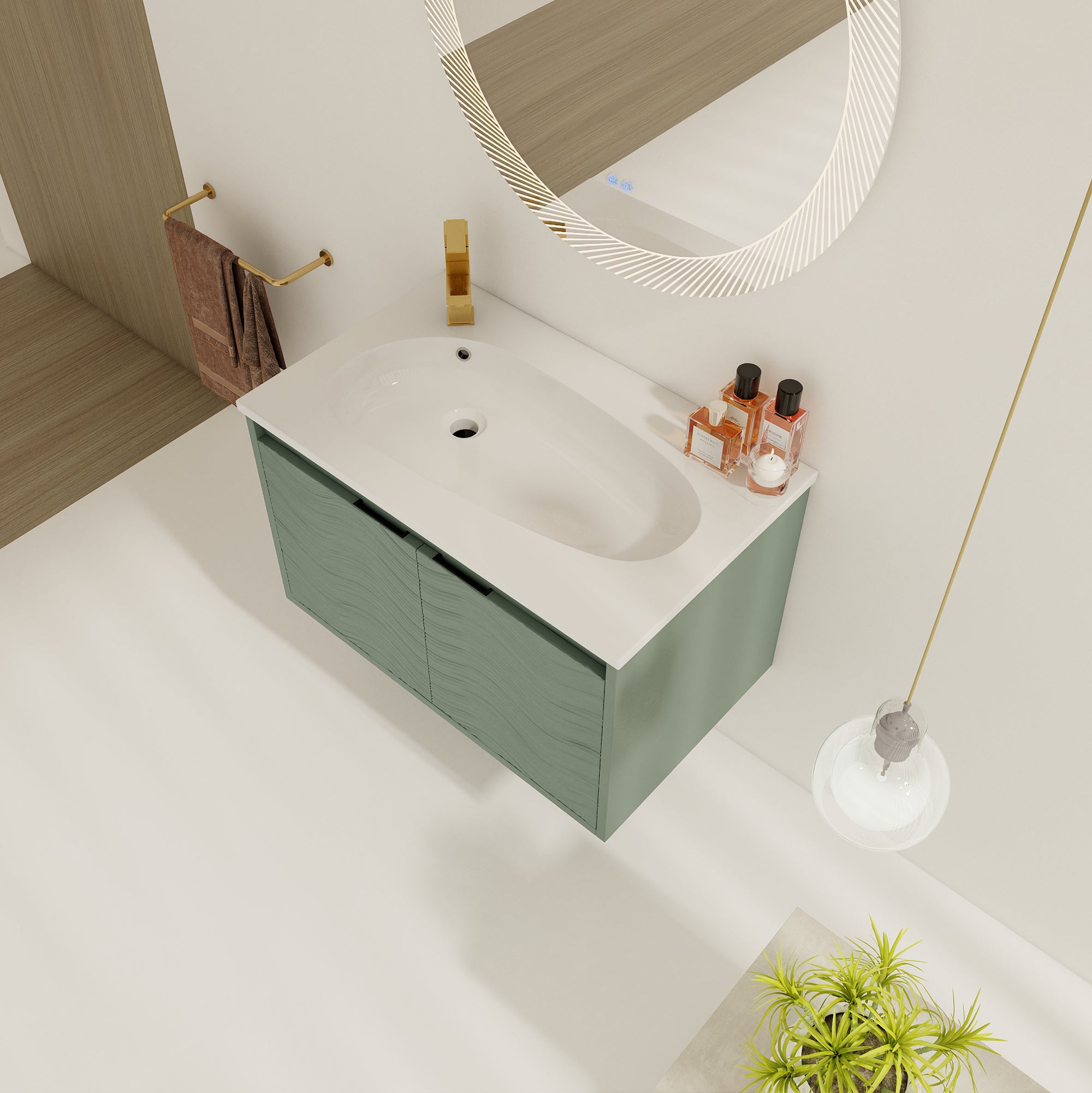 30 inch Wall-Mounted Bathroom Vanity Set in Green with Integrated Resin Sink