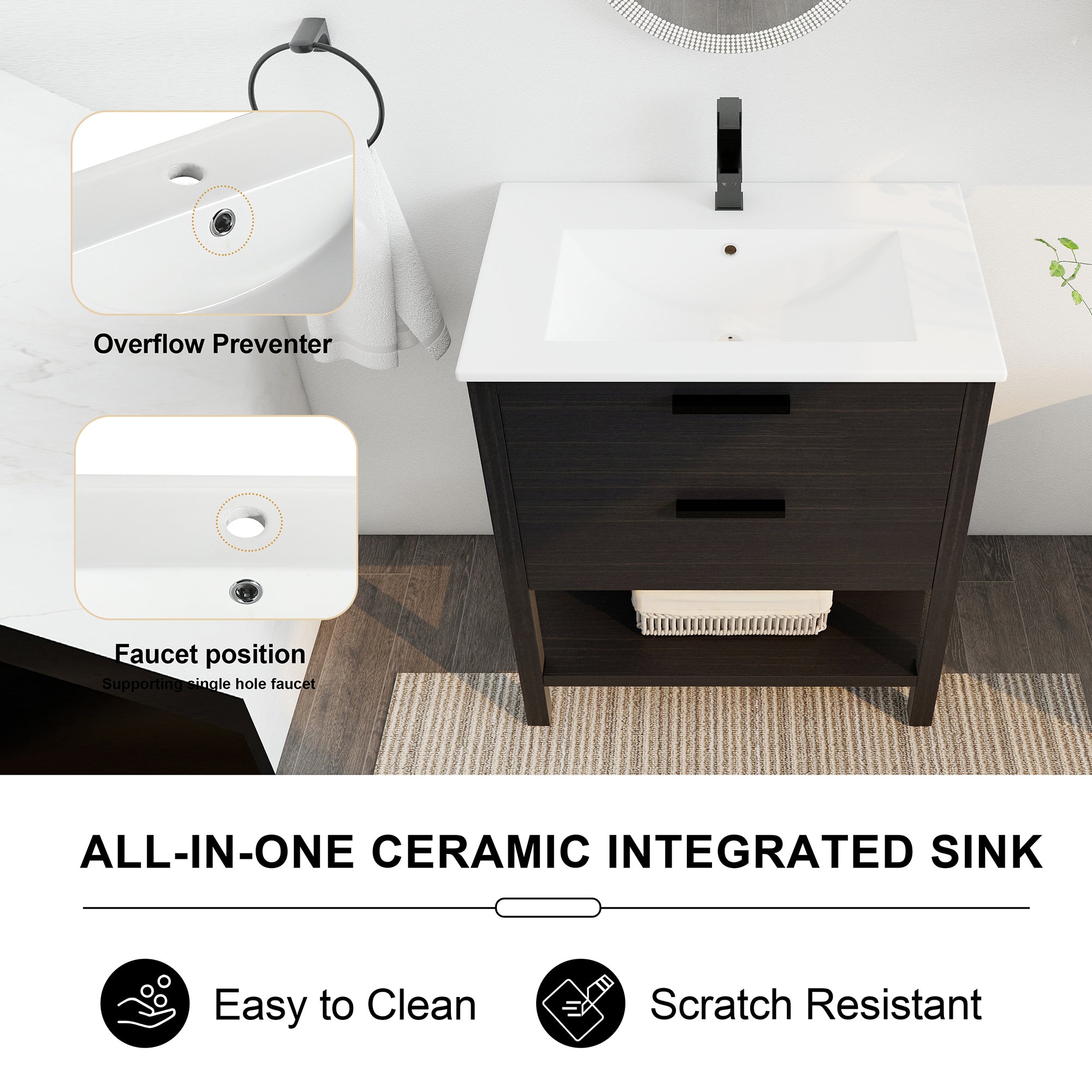 30 inch Freestanding Bathroom Vanity Set in Black with Integrated Ceramic Sink
