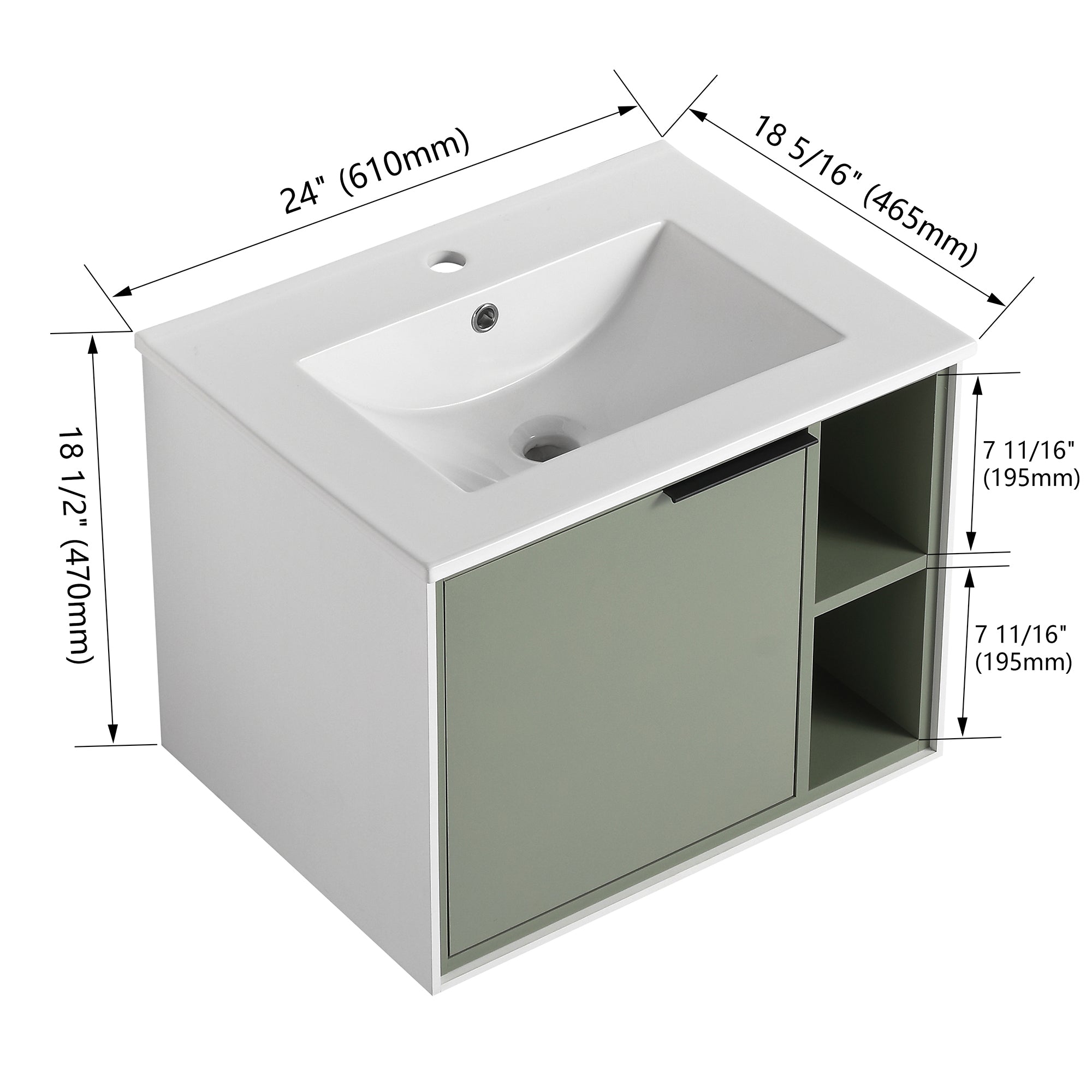 24 inch Wall-Mounted Bathroom Vanity Set in Green with Integrated Ceramic Sink