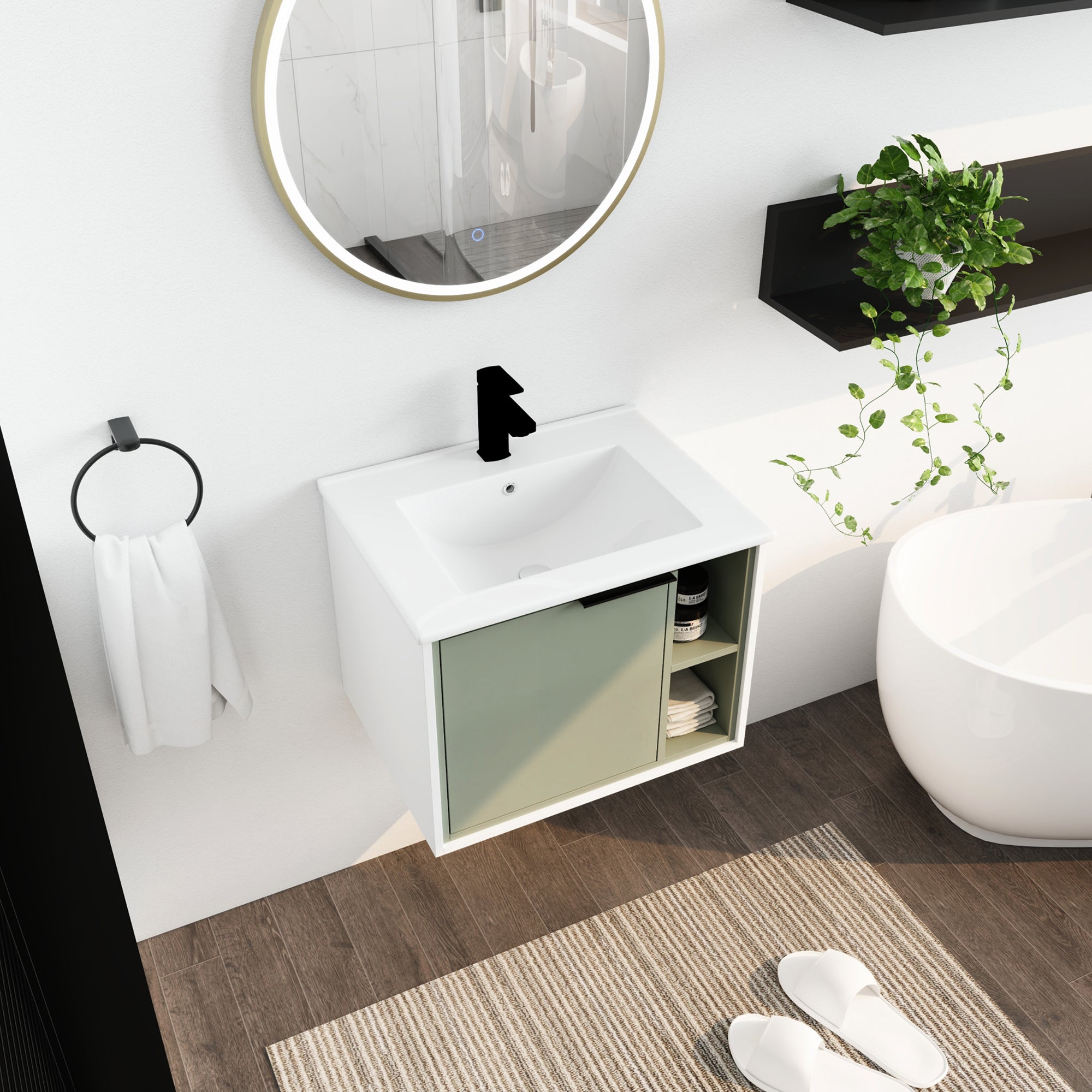 24 inch Wall-Mounted Bathroom Vanity Set in Green with Integrated Ceramic Sink