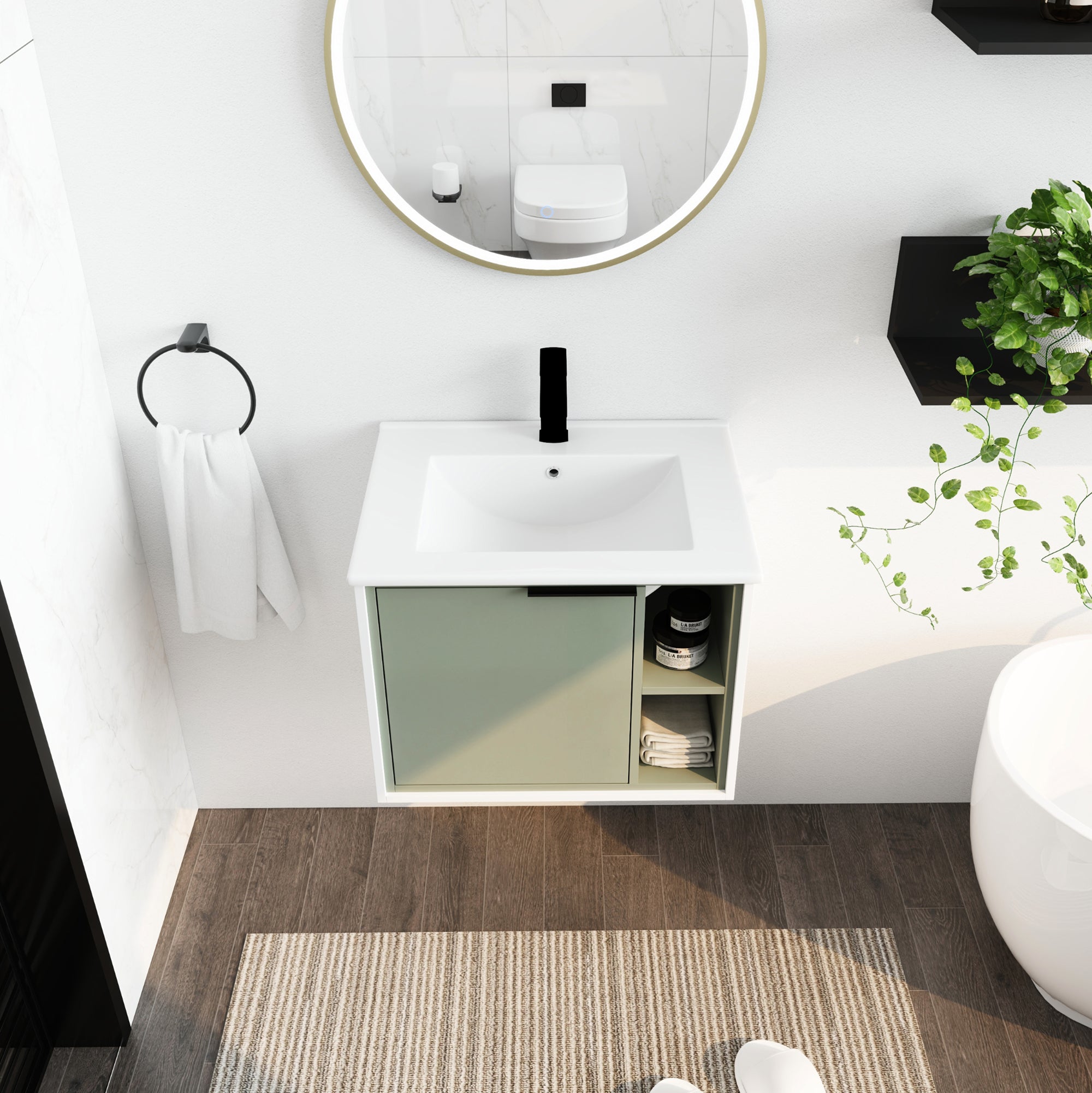 24 inch Wall-Mounted Bathroom Vanity Set in Green with Integrated Ceramic Sink