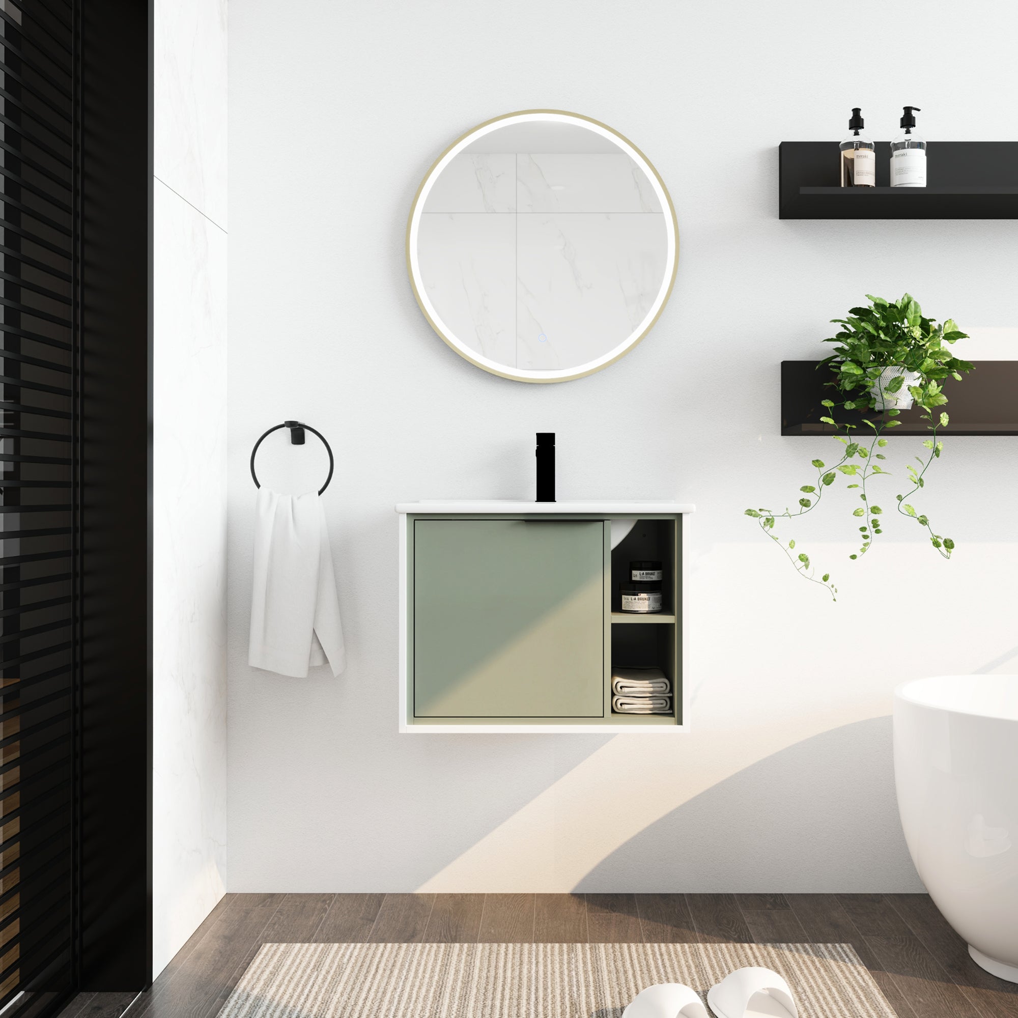 24 inch Wall-Mounted Bathroom Vanity Set in Green with Integrated Ceramic Sink