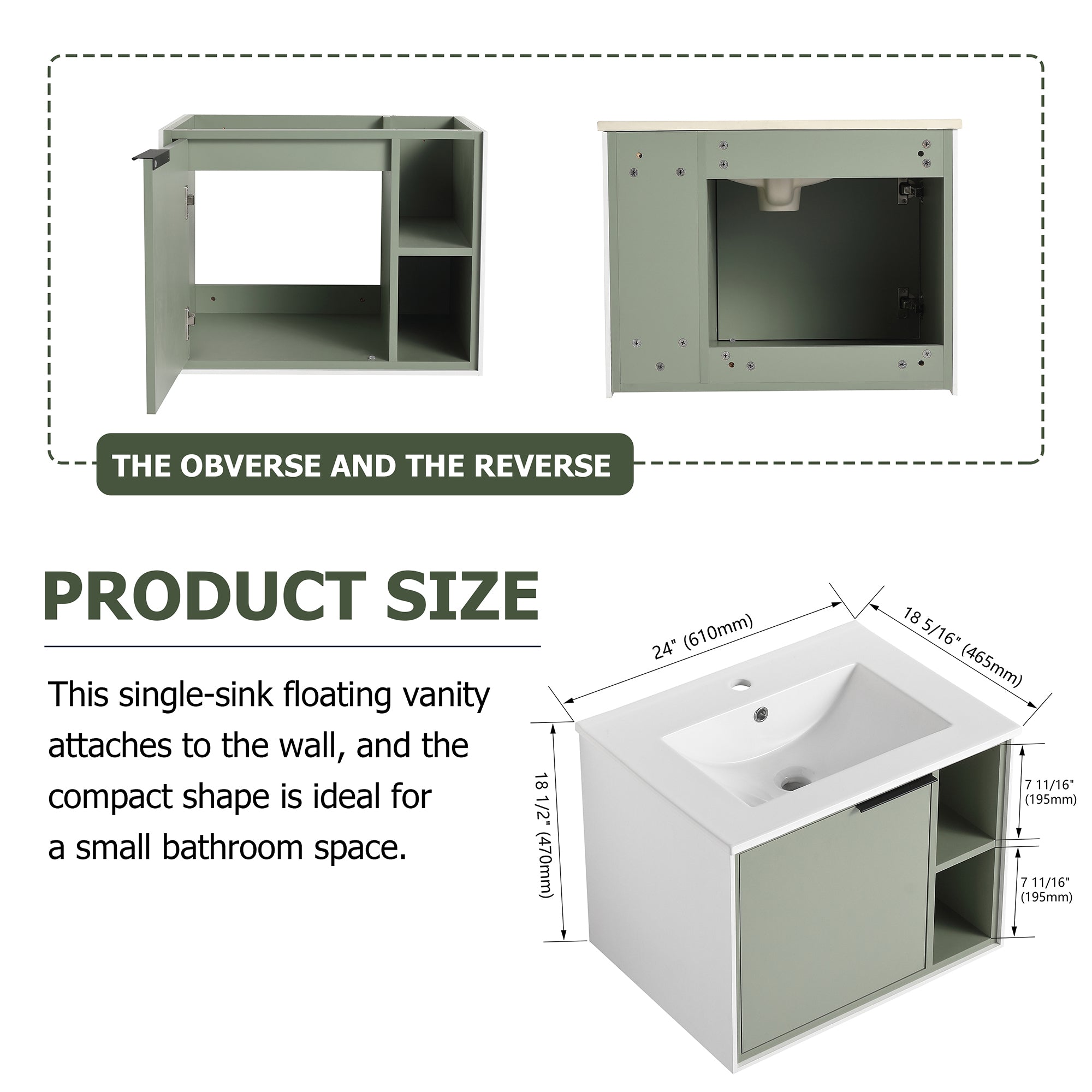 24 inch Wall-Mounted Bathroom Vanity Set in Green with Integrated Ceramic Sink