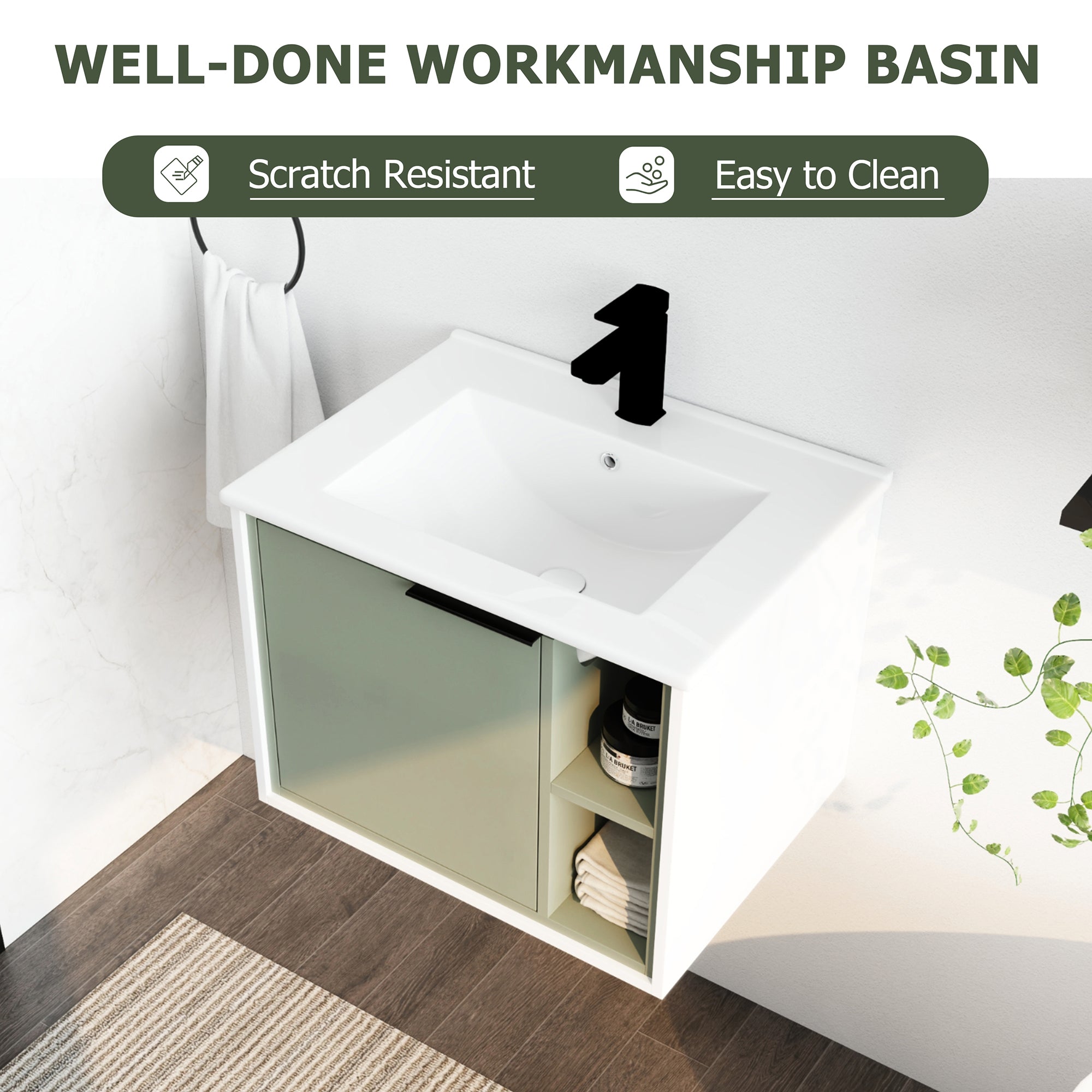 24 inch Wall-Mounted Bathroom Vanity Set in Green with Integrated Ceramic Sink
