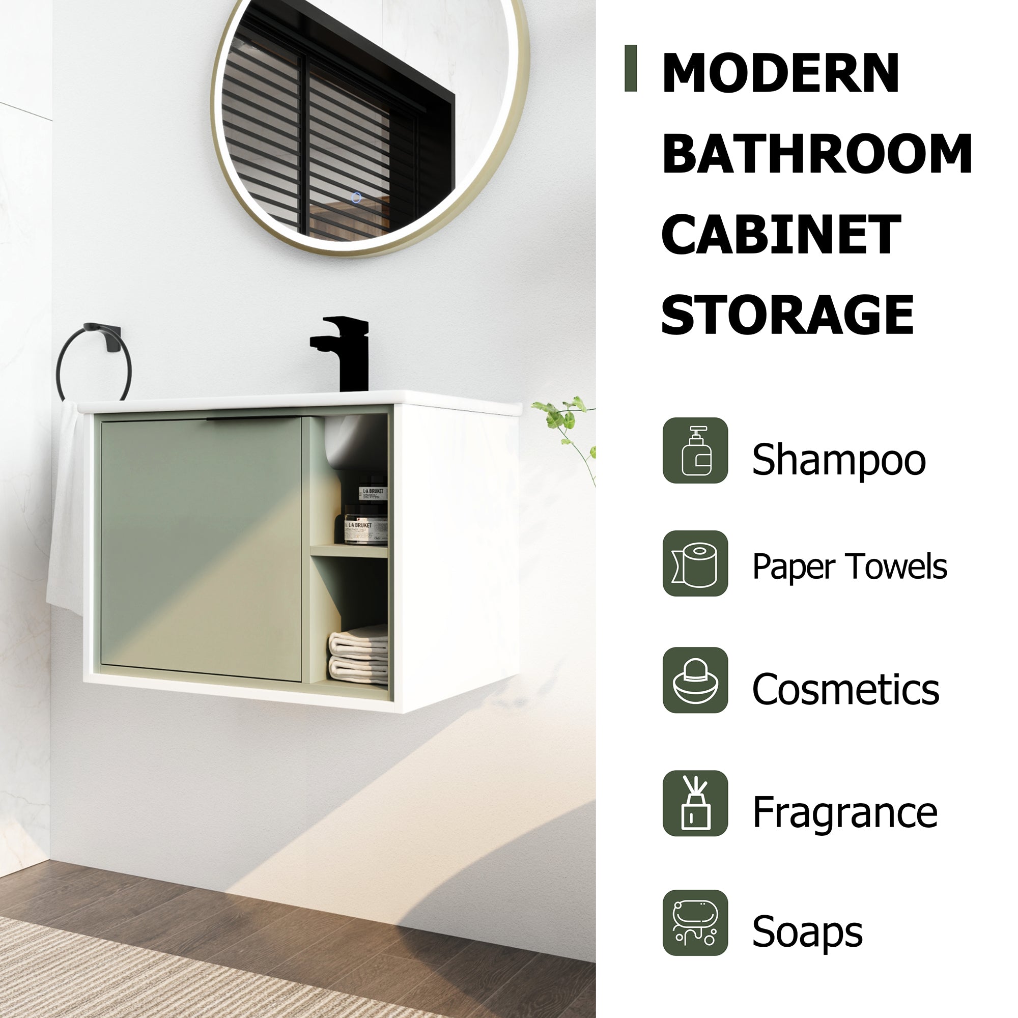 24 inch Wall-Mounted Bathroom Vanity Set in Green with Integrated Ceramic Sink