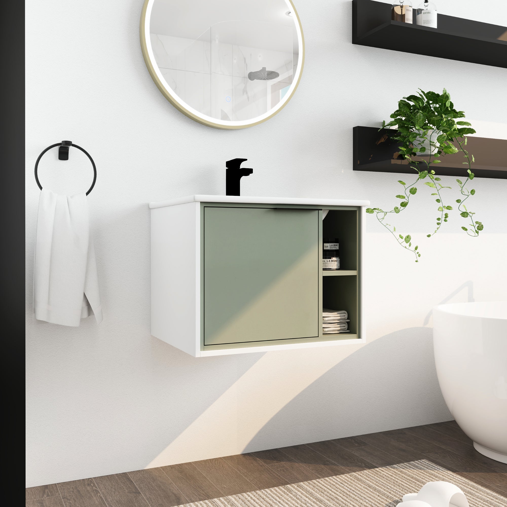 24 inch Wall-Mounted Bathroom Vanity Set in Green with Integrated Ceramic Sink
