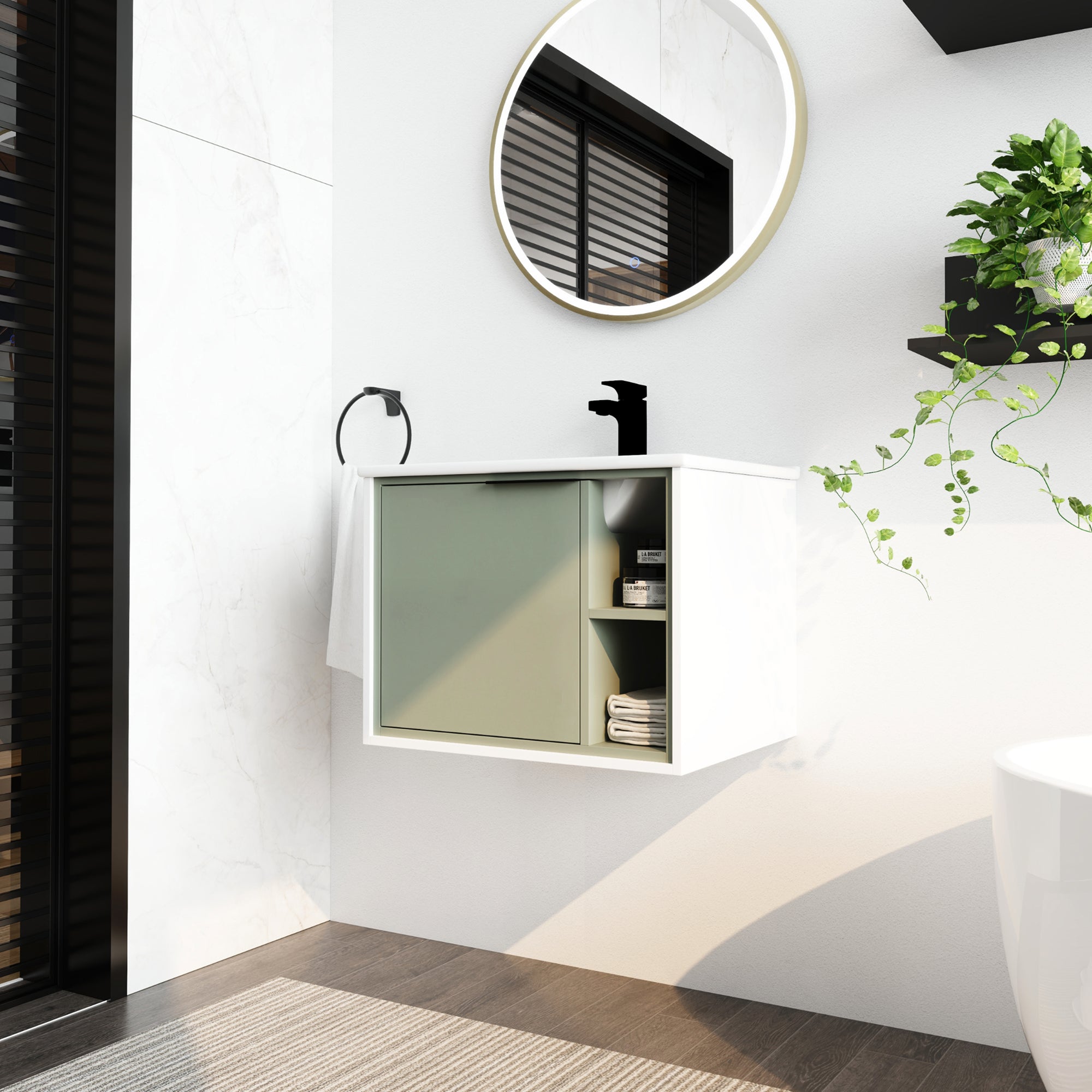 24 inch Wall-Mounted Bathroom Vanity Set in Green with Integrated Ceramic Sink