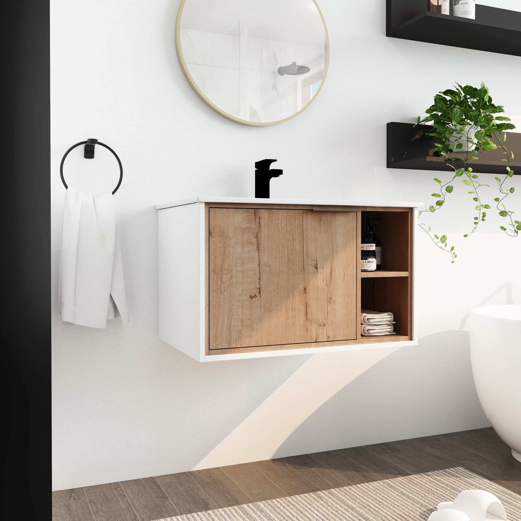 30 inch Wall-Mounted Bathroom Vanity Set in Imitative Oak with Integrated Ceramic Sink