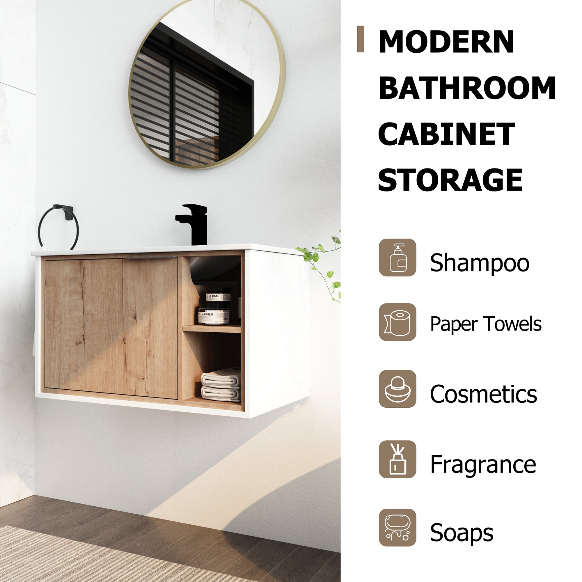 30 inch Wall-Mounted Bathroom Vanity Set in Imitative Oak with Integrated Ceramic Sink