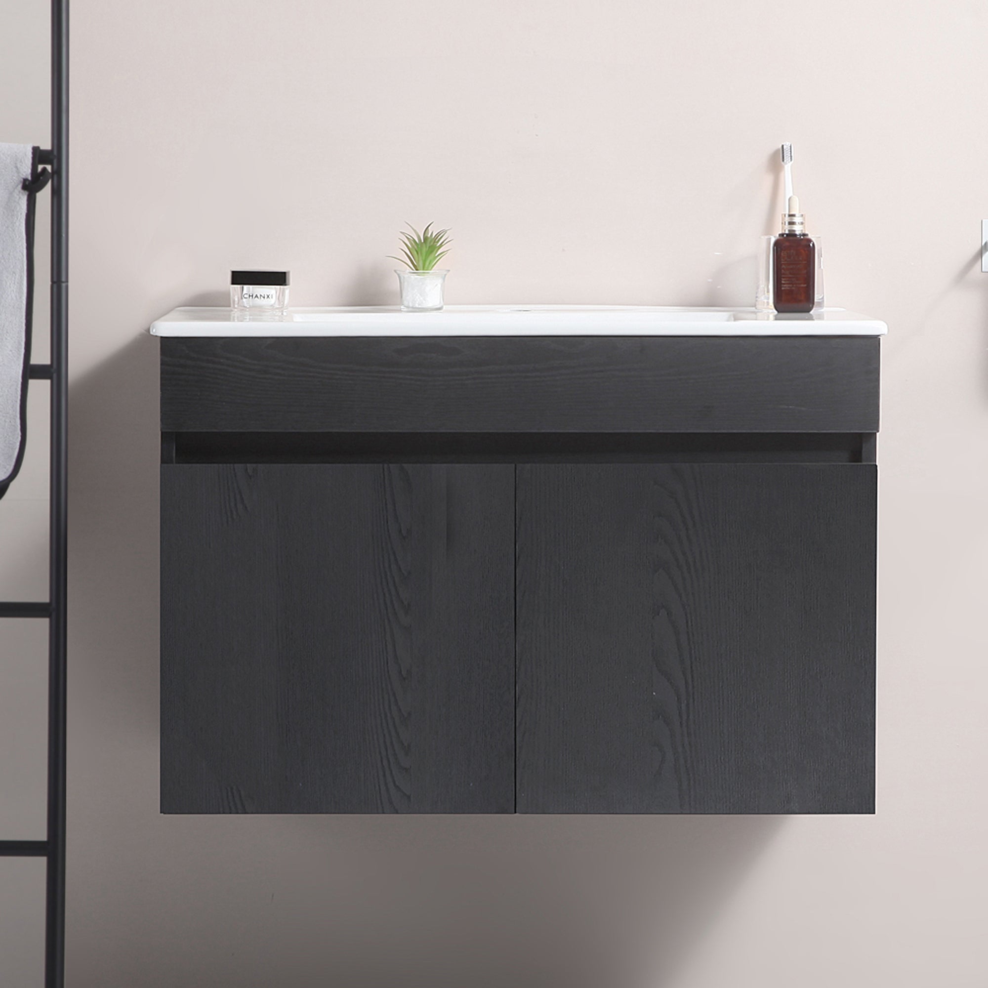 24"/30"/36" Plywood Wall-Mounted Bathroom Vanity Set in White with Integrated Ceramic Sink