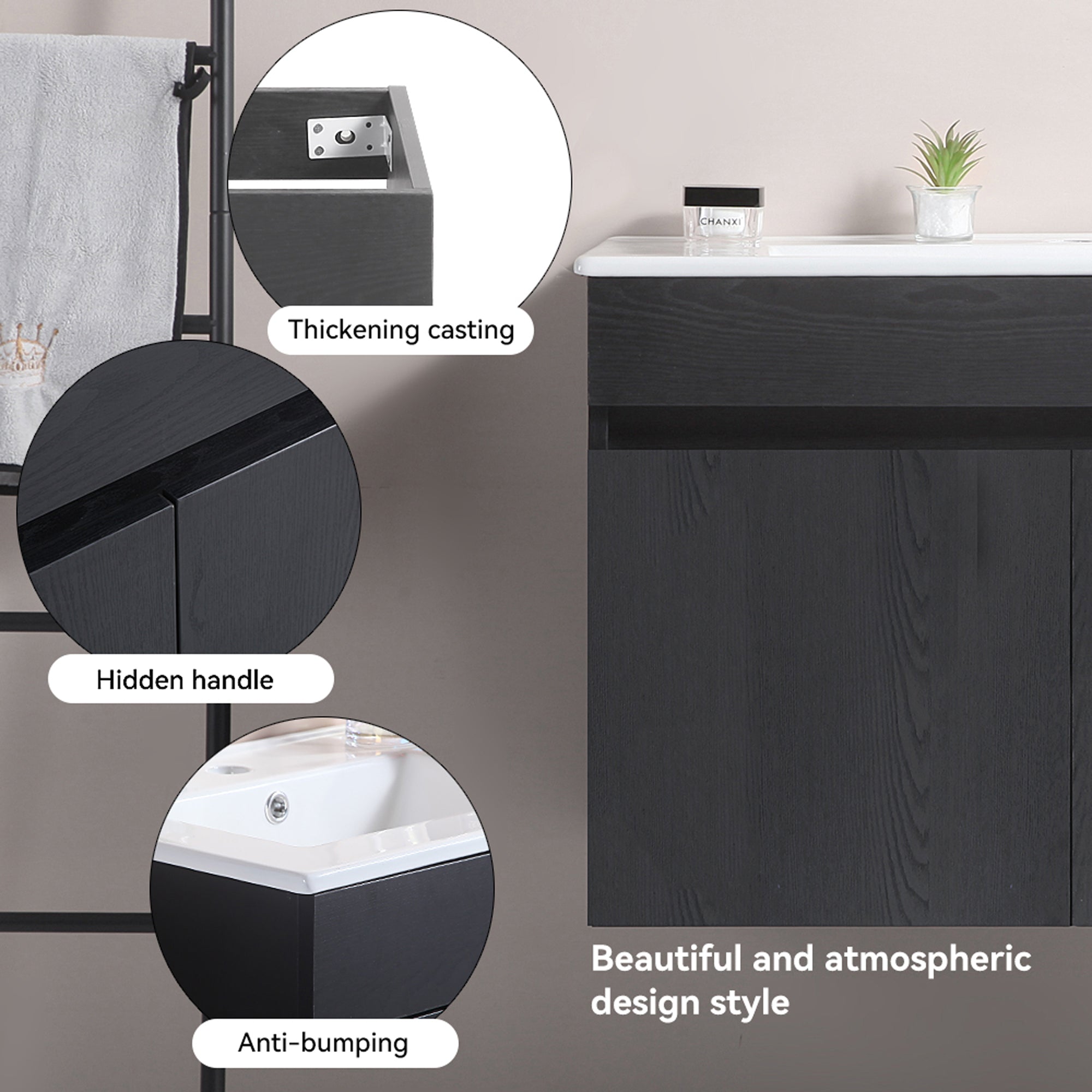 24"/30"/36" Plywood Wall-Mounted Bathroom Vanity Set in White with Integrated Ceramic Sink