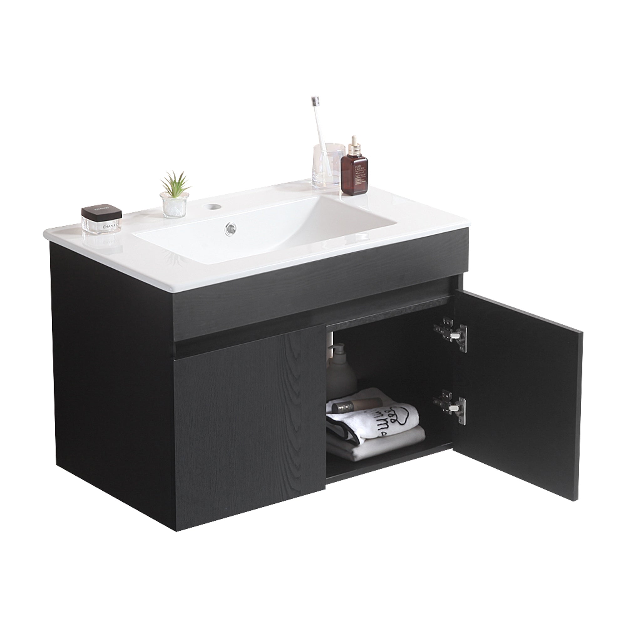 24"/30"/36" Plywood Wall-Mounted Bathroom Vanity Set in White with Integrated Ceramic Sink