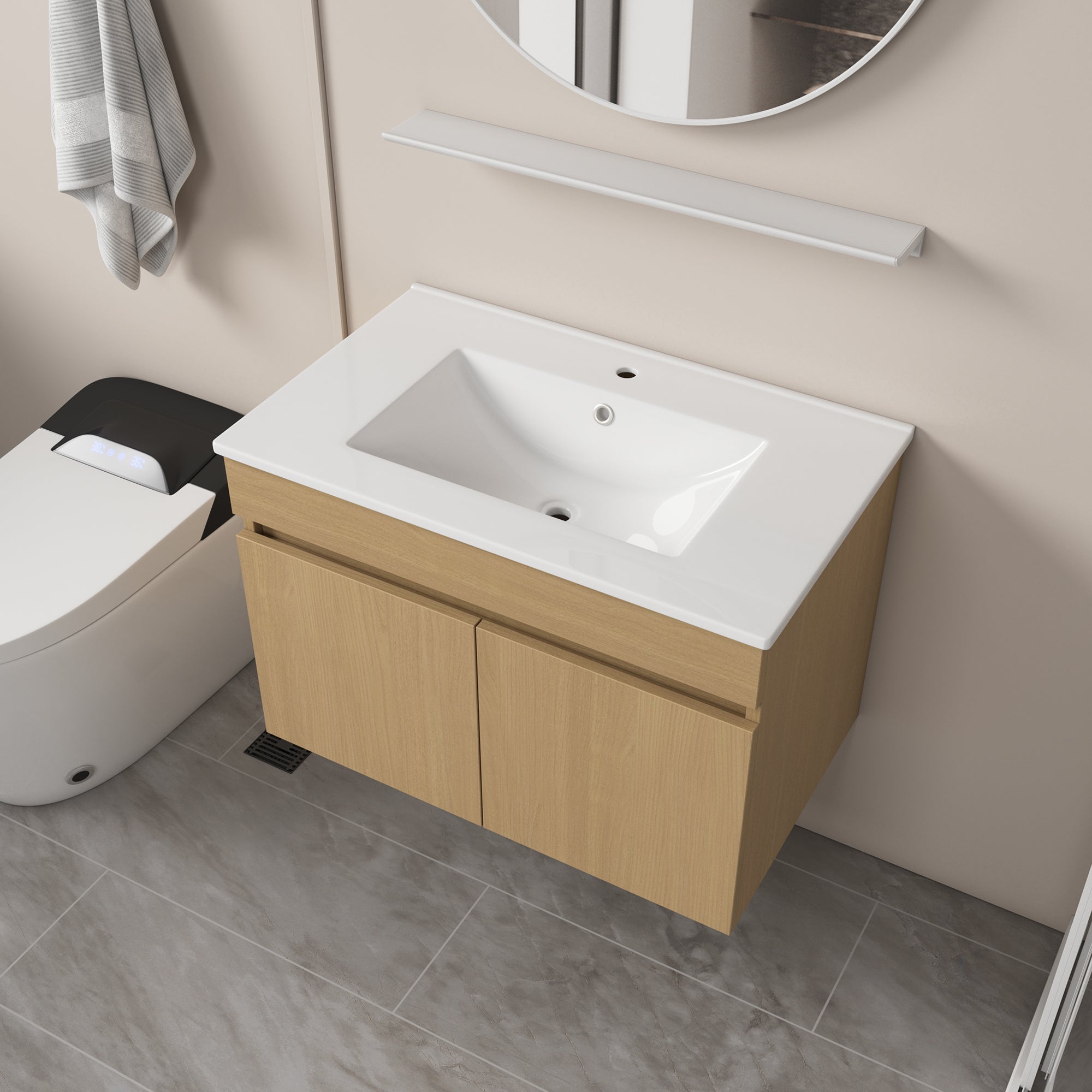 Solid Wood Wall-Mounted Bathroom Vanity Set in White with Integrated Ceramic Sink