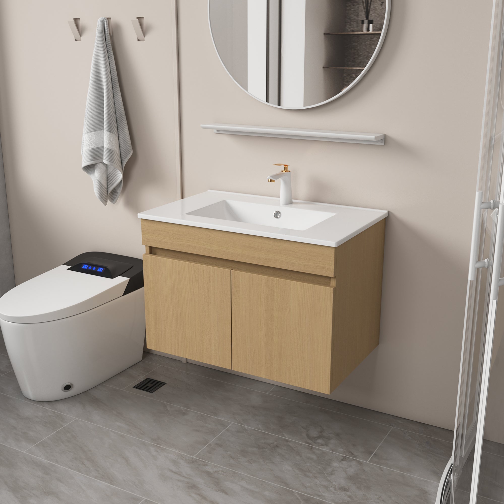 Solid Wood Wall-Mounted Bathroom Vanity Set in White with Integrated Ceramic Sink