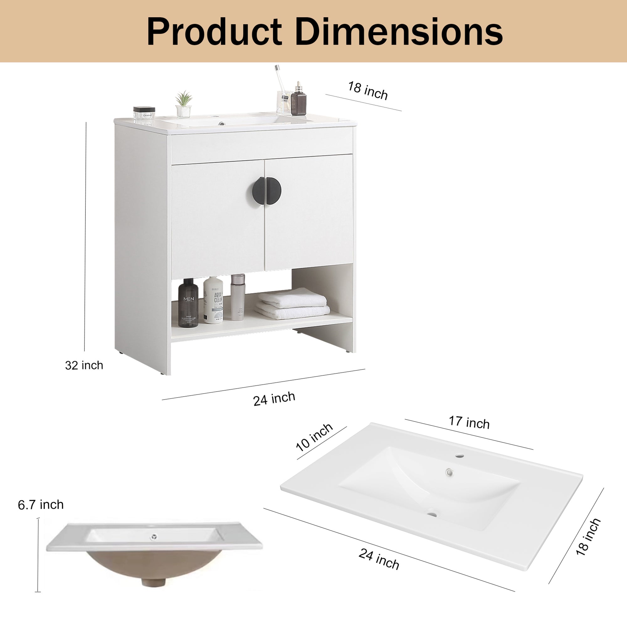 24 Inches Solid Wood Freestanding Bathroom Vanity Set with Integrated Ceramic Sink