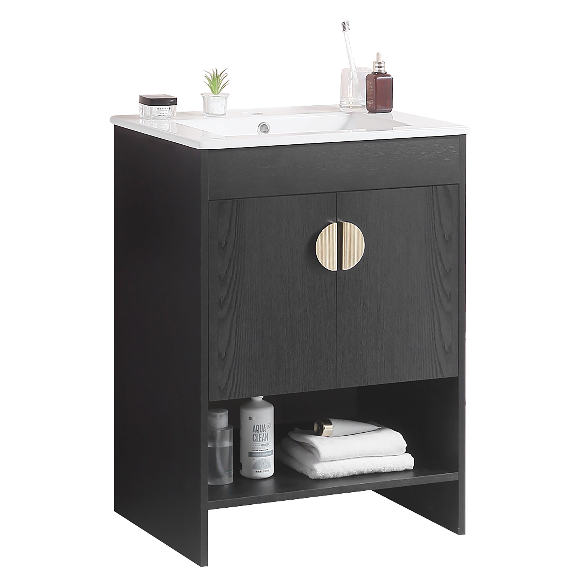 24 Inches Solid Wood Freestanding Bathroom Vanity Set with Integrated Ceramic Sink
