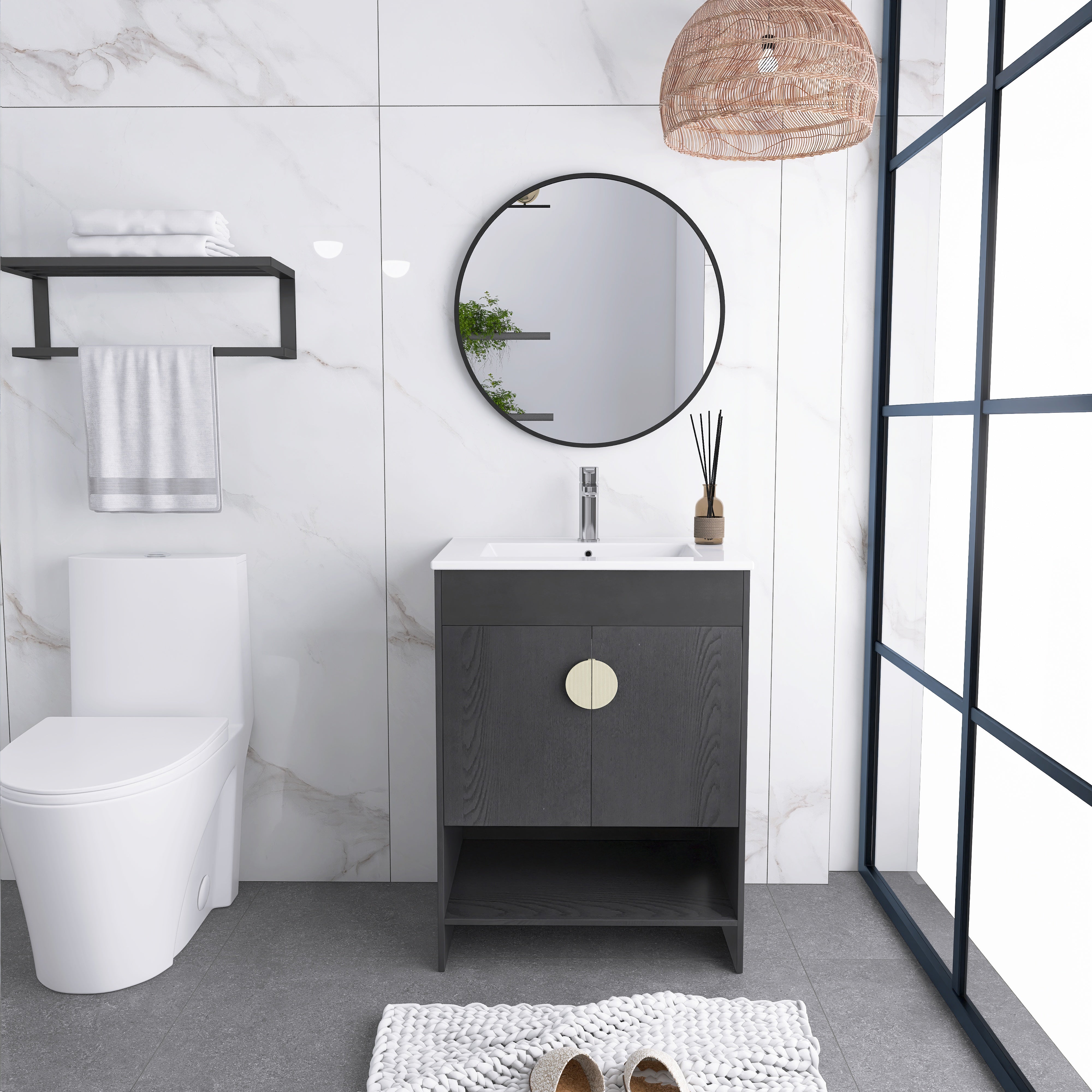 24 Inch Freestanding Bathroom Vanity with Two Cabinet Doors with White Ceramic Basin