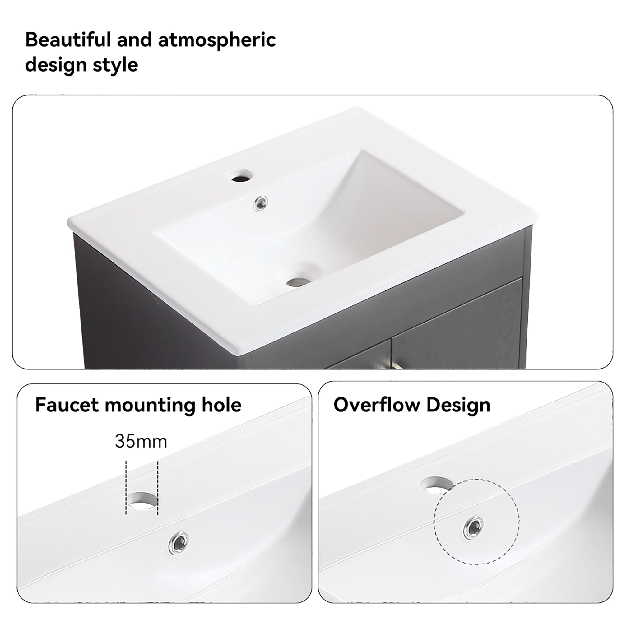24 Inches Solid Wood Freestanding Bathroom Vanity Set with Integrated Ceramic Sink
