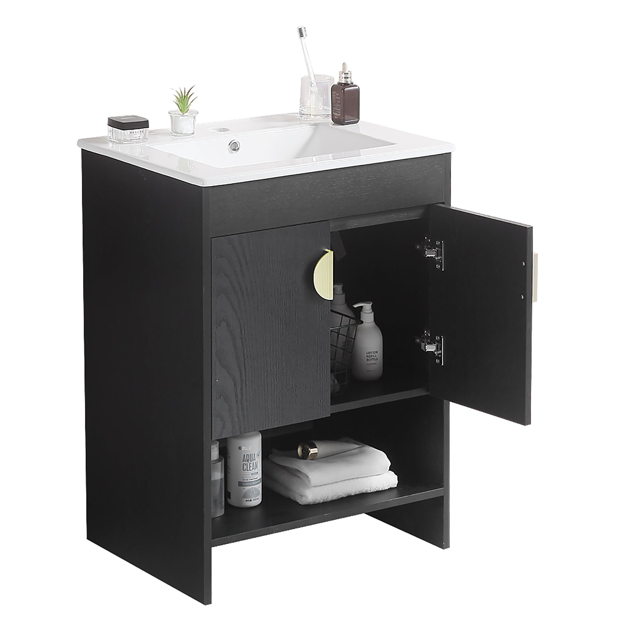 24 Inches Solid Wood Freestanding Bathroom Vanity Set with Integrated Ceramic Sink