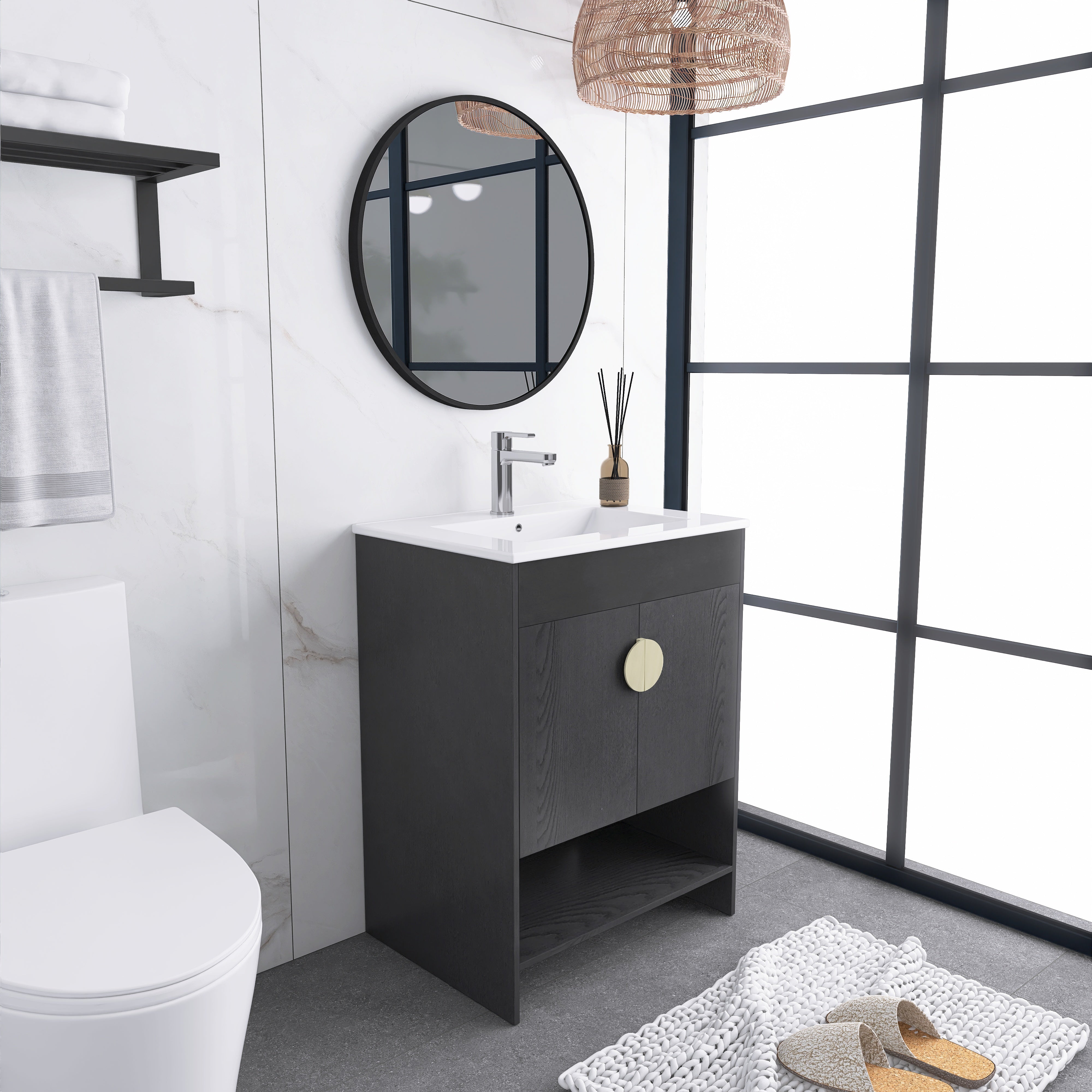 24 Inches Solid Wood Freestanding Bathroom Vanity Set with Integrated Ceramic Sink