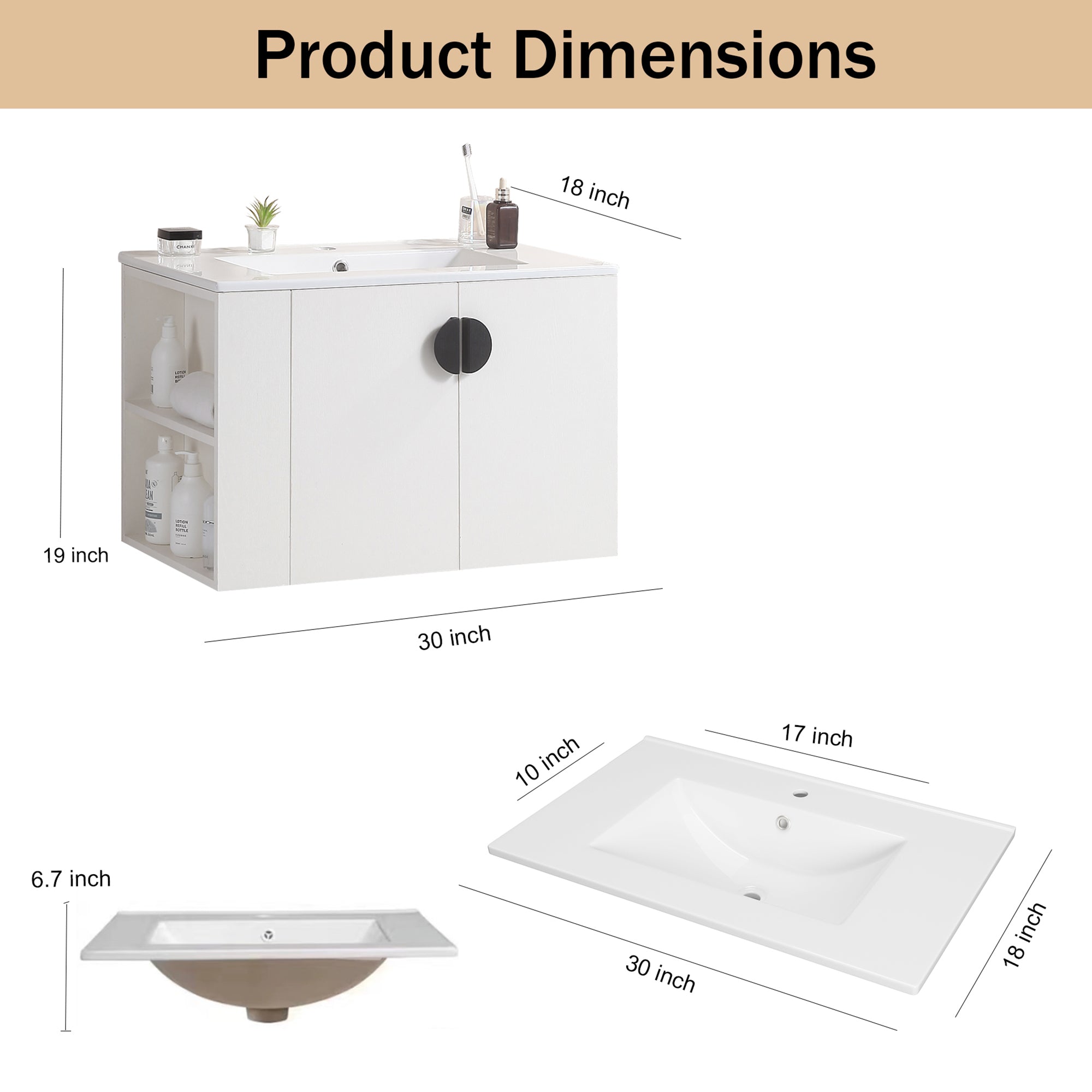 30 Inches Plywood Wall-Mounted Bathroom Vanity Set with Integrated Ceramic Sink