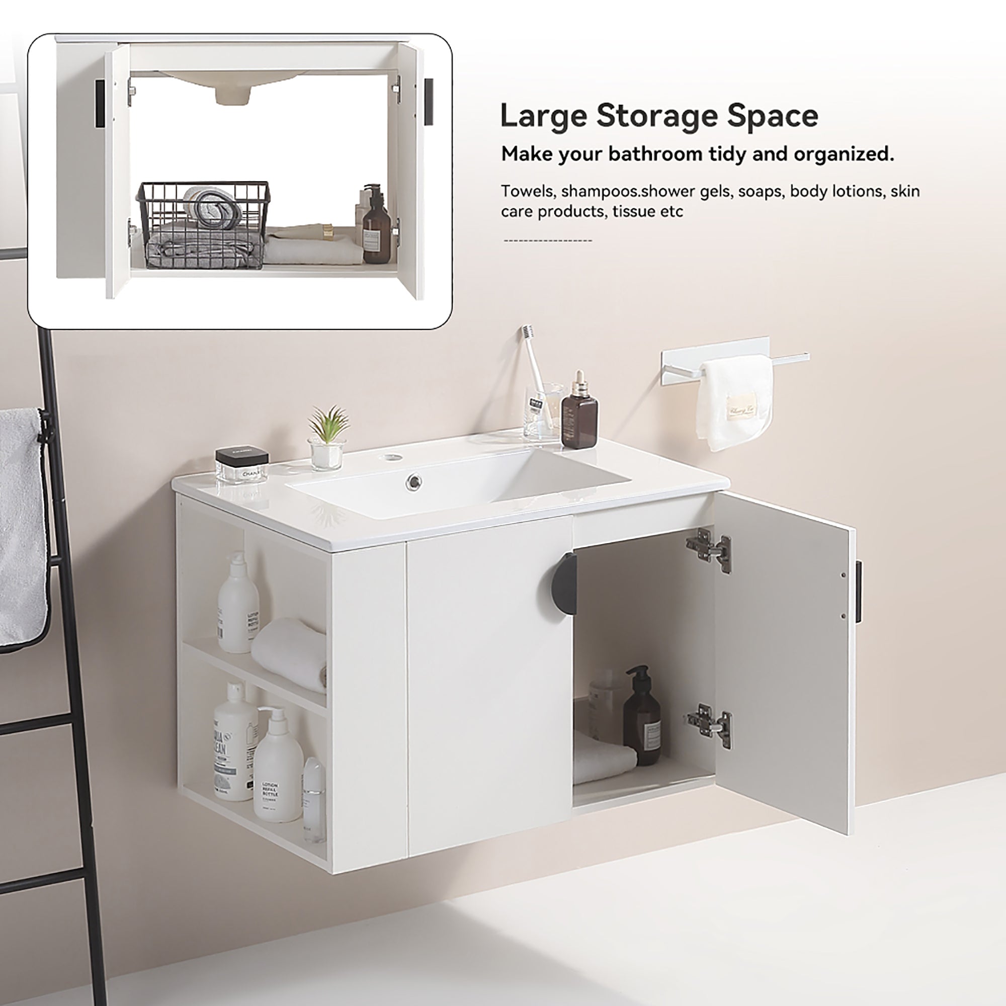 30 Inches Plywood Wall-Mounted Bathroom Vanity Set with Integrated Ceramic Sink